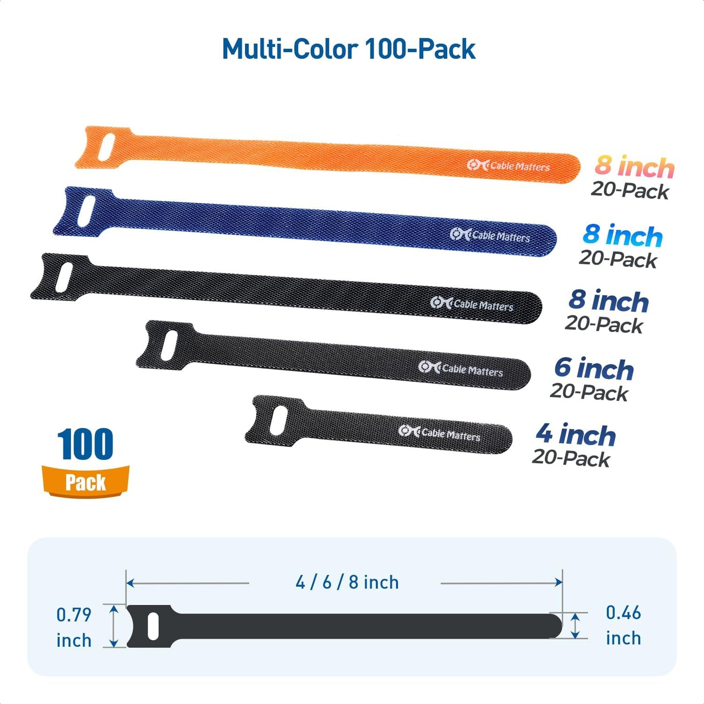 Cable Matters 100-Pack Hook-and-Loop Reusable Cable Ties, Sizes 4", 6", 8" with 42 lbs Tensile Strength - Multi-Color Cable Straps, Cord Organizers, Cord Management Ties