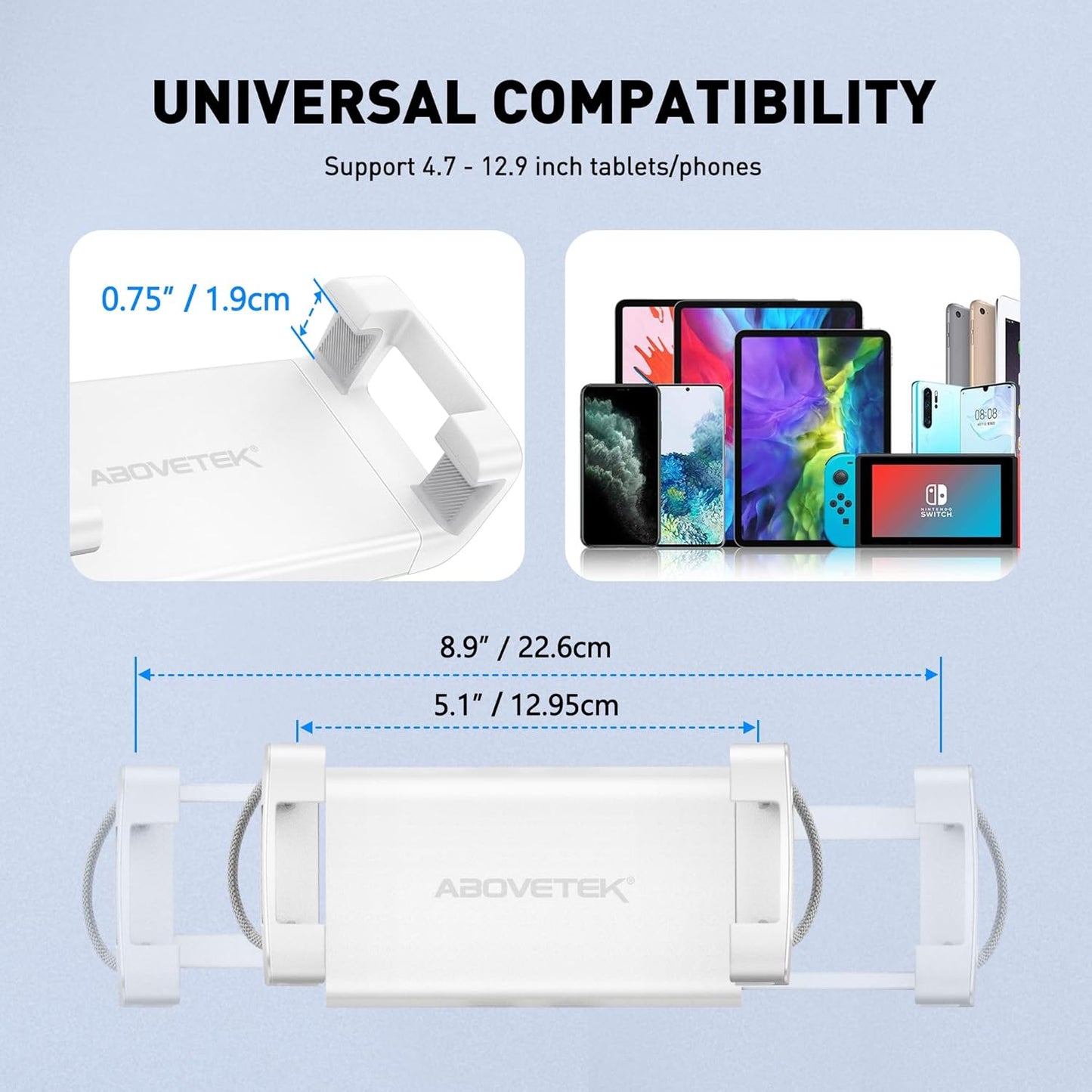 AboveTEK Tablet Pillow Stand for Bed, Hands-Free 360° Adjustable iPad Pillow Holder for Lap Reading w/Soft Bean Bag, Ideal Gift for Mom, Fits 4.7" to 12.9" Tablet, Phone, Kindle, White