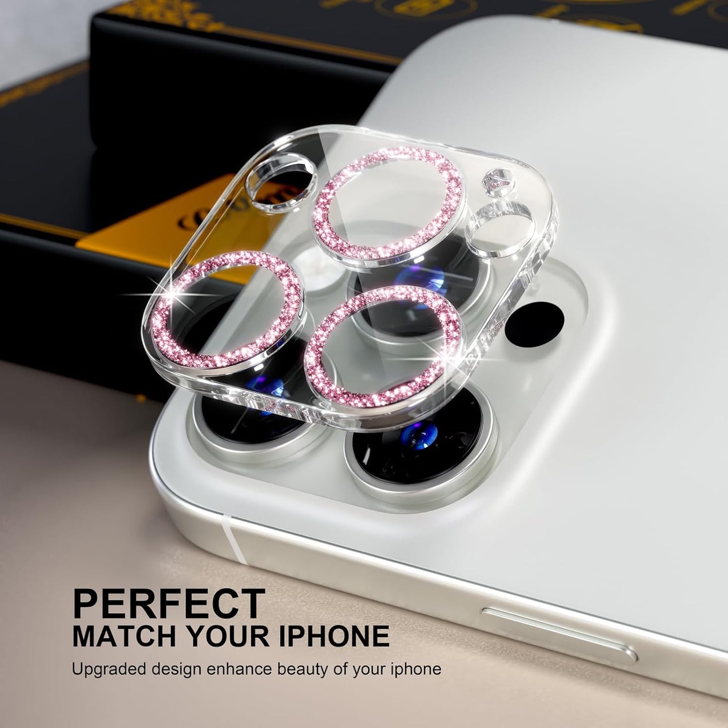 beuxece for 6 Pack iPhone 15 Pro/iPhone 15 Pro Max Camera Lens Protector [Drop Protection] [Case Friendly] [Easy Installation] 9H Tempered Glass Camera Screen Protector Cover, Glitter Pink