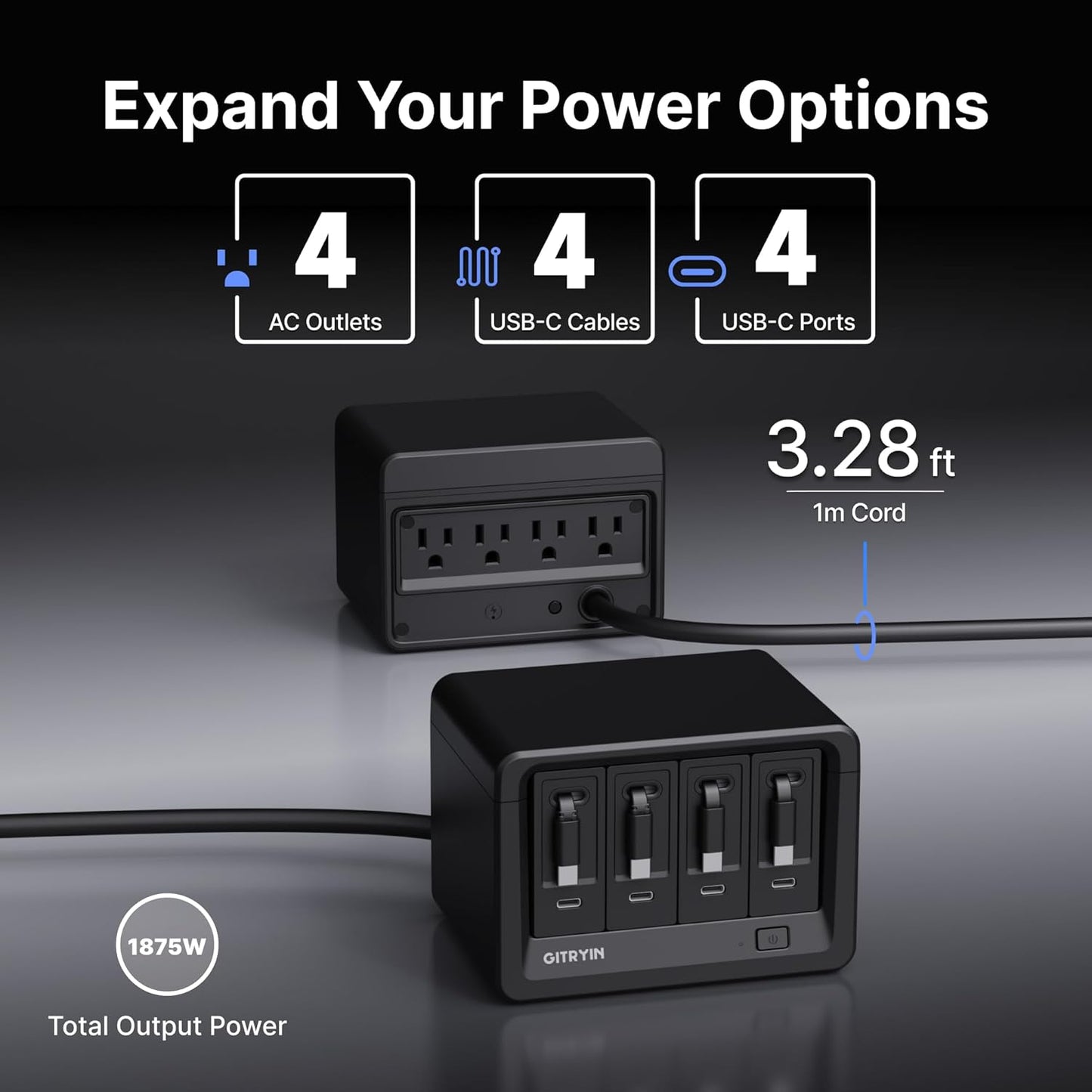 Gitryin 12-in-1 Desktop Charging Station with 4 Retractable Type-C Wall Chargers, 40W USB-C Power Strip with Flat Plug, Extension Cord with 1020J Surge Protection for Home Office