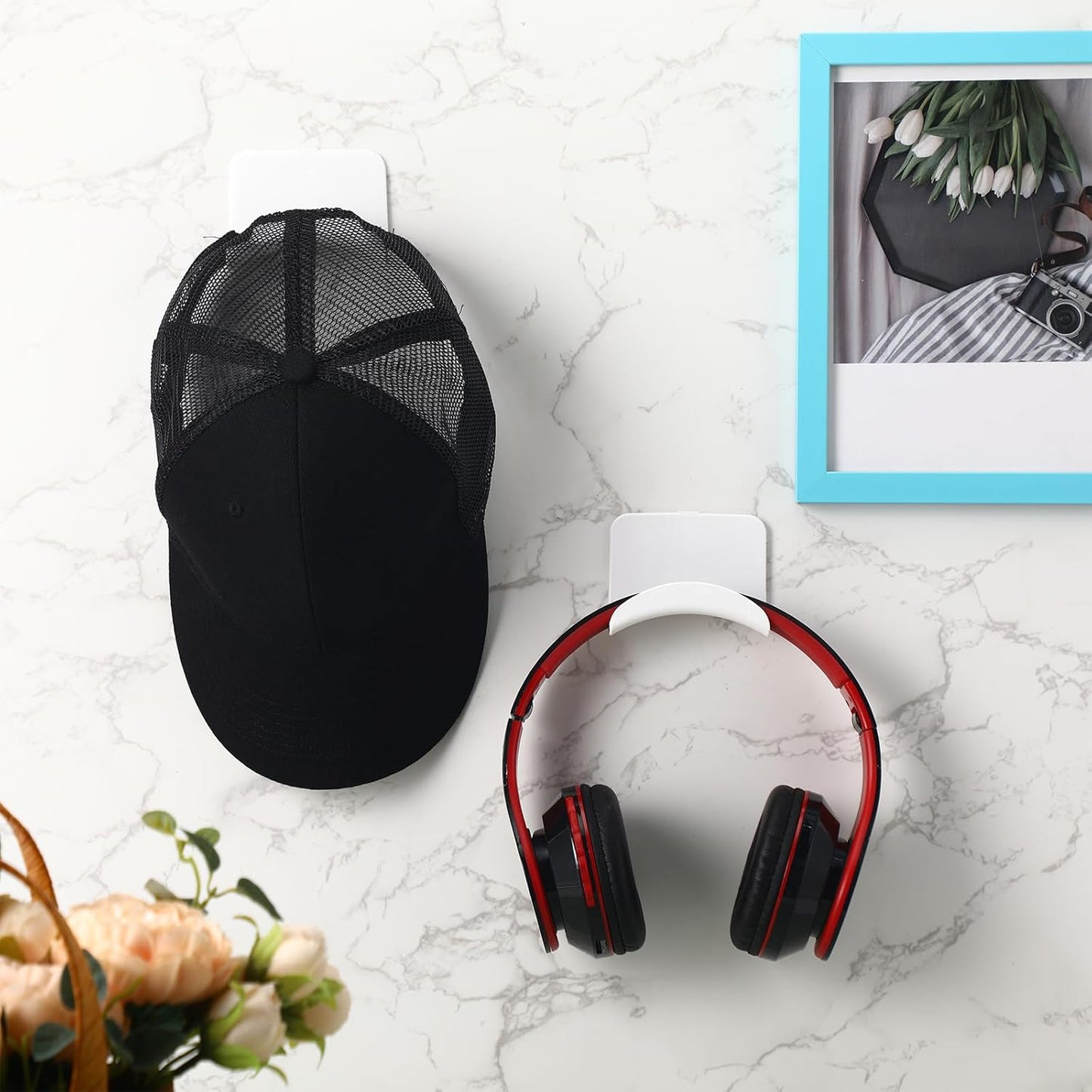 24 Pcs Headphone Wall Hangers Adhesive Gaming Headset Holder Hooks for Wall Mount Strong Universal Stand Hooks for Most Headphone Controller, Hat, Baseball Caps, Closet, Door (White)