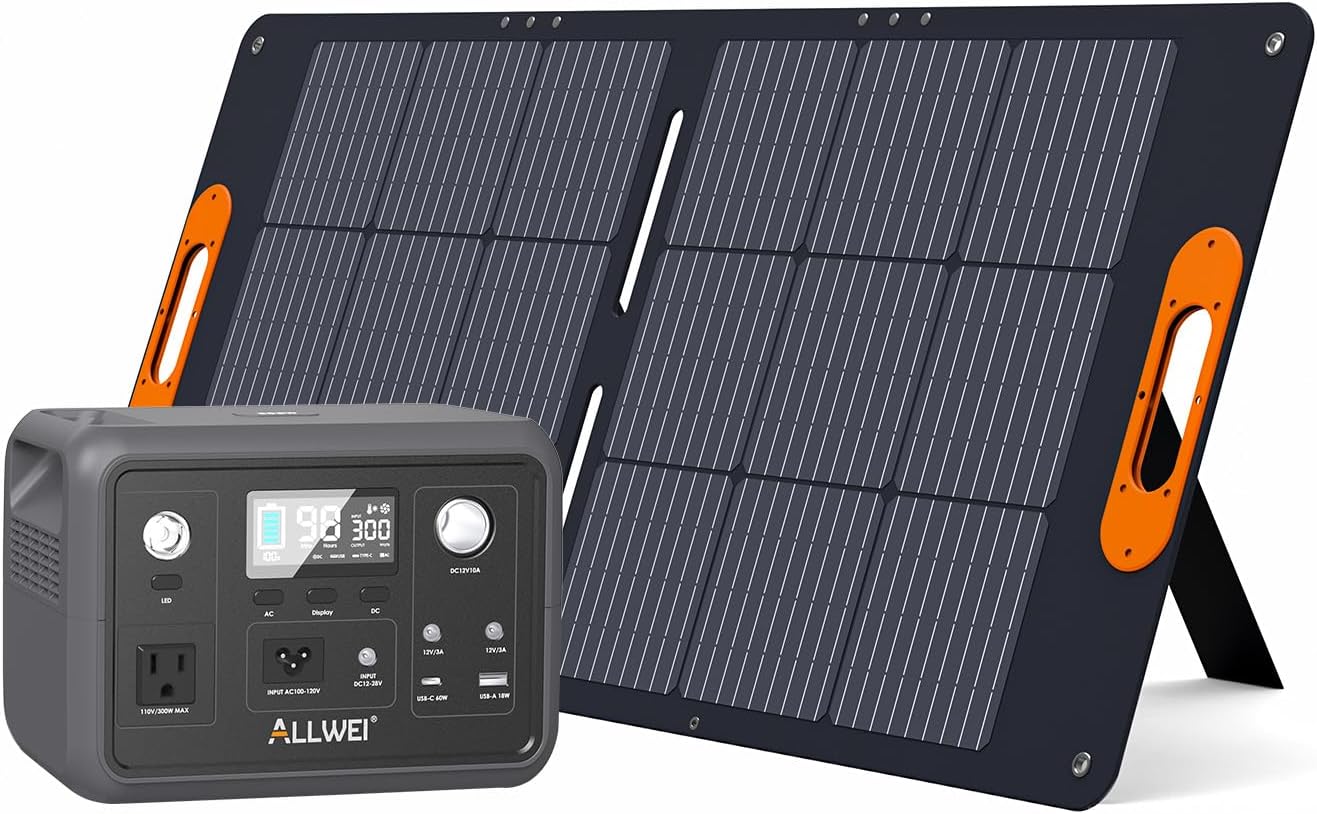 ALLWEI 300W/256Wh LiFePO4 Solar Generator with 100W Solar Panel Included, Portable Power Station with AC Outlet USB Port, Solar Powered Battery Generator for Outdoor Camping, Home Backup, Power Outage