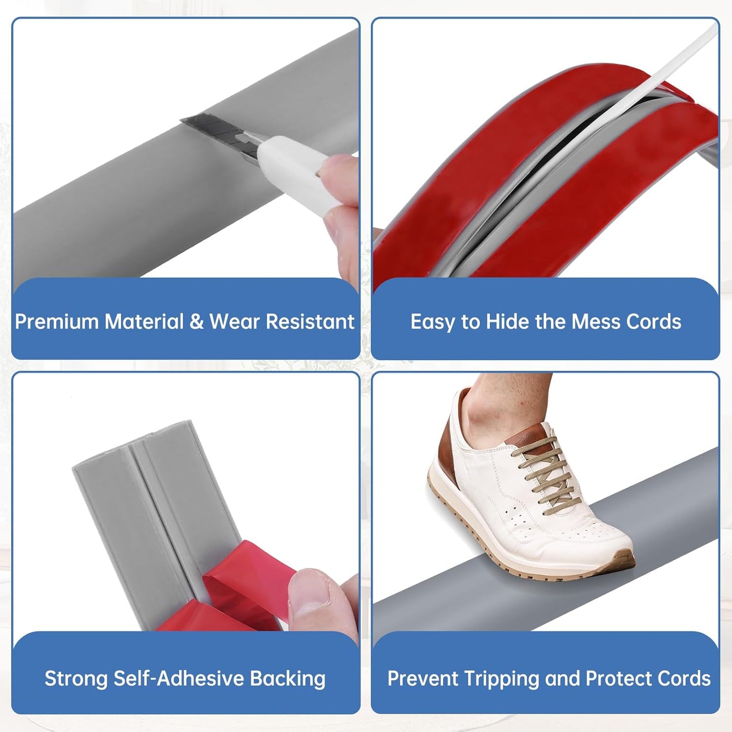 Floor Cord Cover Self Adhesive Cord Hider Floor Extension Cord Covers for Floor Power Cord Protector Cable Management Prevent Cable Trips Cable Cavity 0.32" W x 0.32" H (Grey, 3.3Ft)