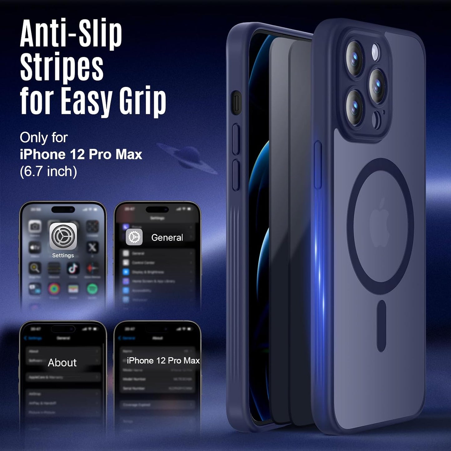 Designed for iPhone 12 Pro Max Case, Compatible with MagSafe, with Privacy Screen Protectors X2, [Camera Protection] [15FT Military Drop Protection] Shockproof Phone Case, 6.7", Navy Blue
