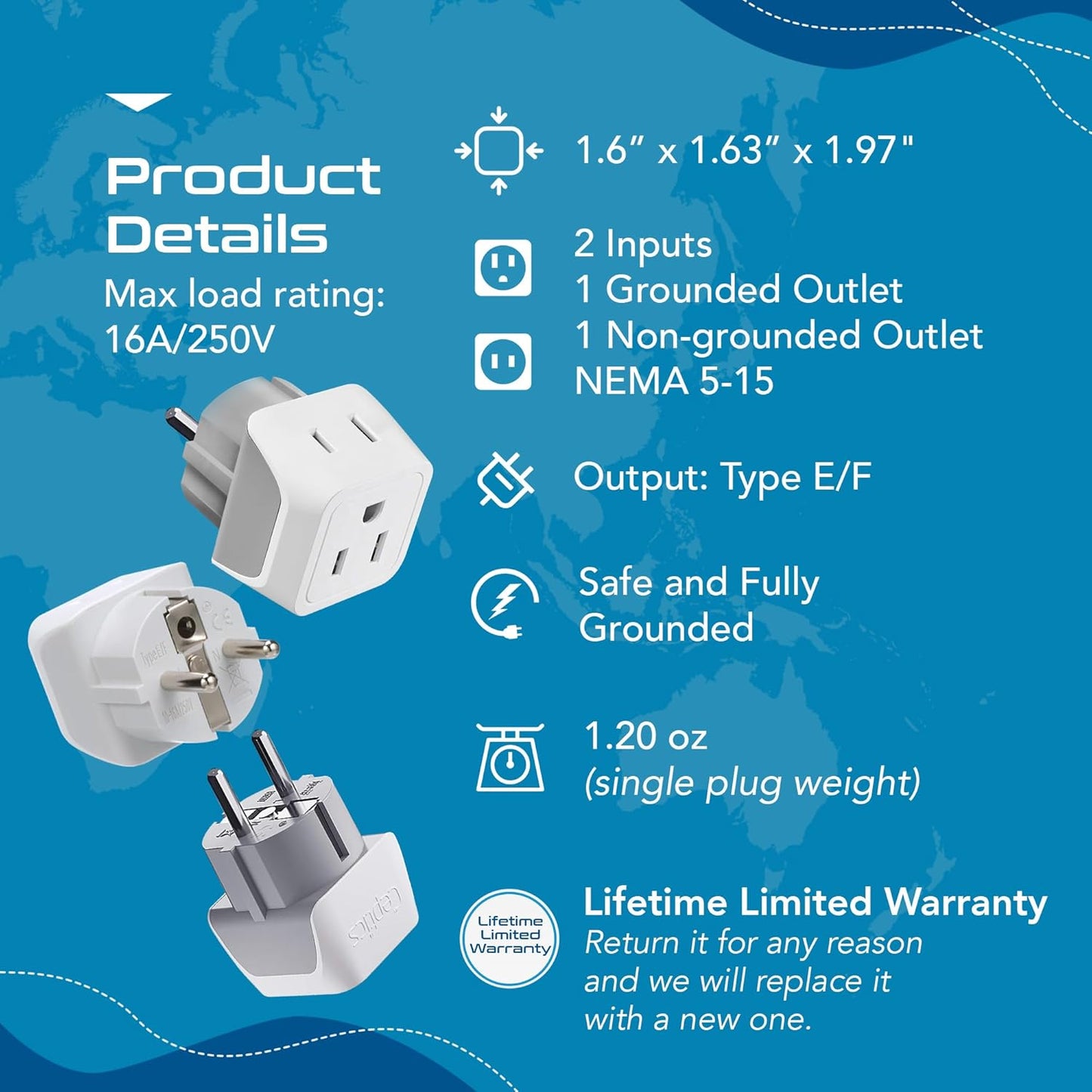 Ceptics Schuko Germany, France Plug Adapter, Dual Input - Ultra Compact Light Weight - Usa to Russia, South Korea Travel Adaptor Plug - Type E/F (3 Pack)