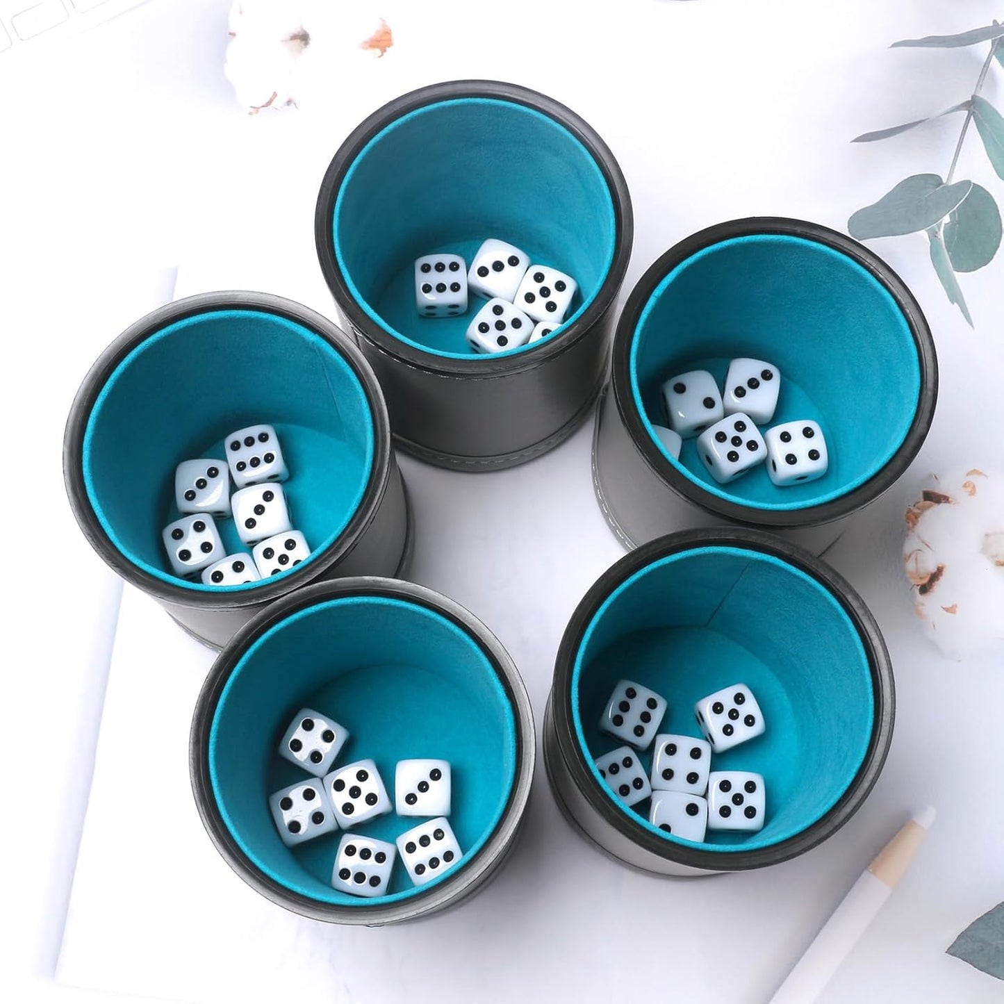 5 Pack PU Leather Dice Cups Felt Lining Quiet Shaker with 30 Dot Dice for Bar Party Yahtzee Farkle Dice Games, Grey