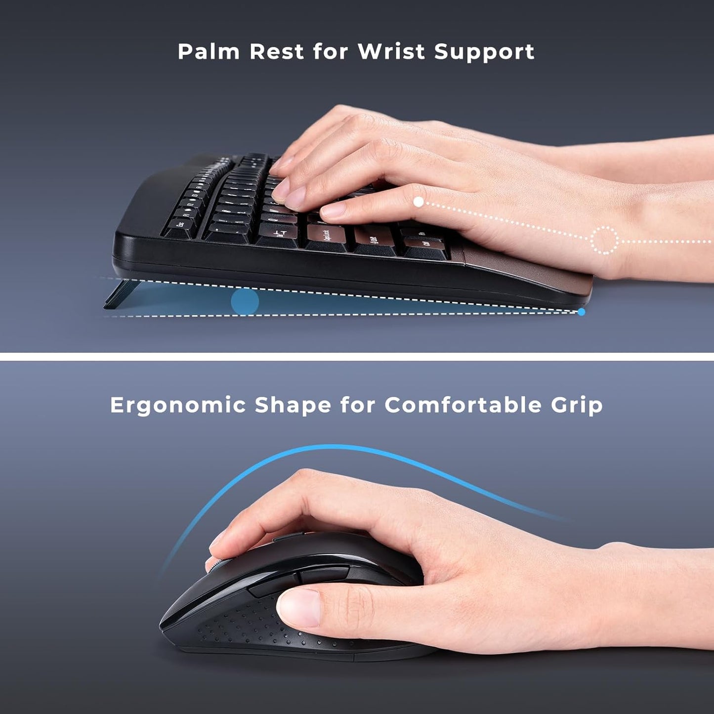 Ergonomic Keyboard and Mouse Combo - Full Size Keyboard Cordless with Palm Wrist Rest Ergonomic Mouse Wireless for Windows Computers Laptops - Black (Upgrade)