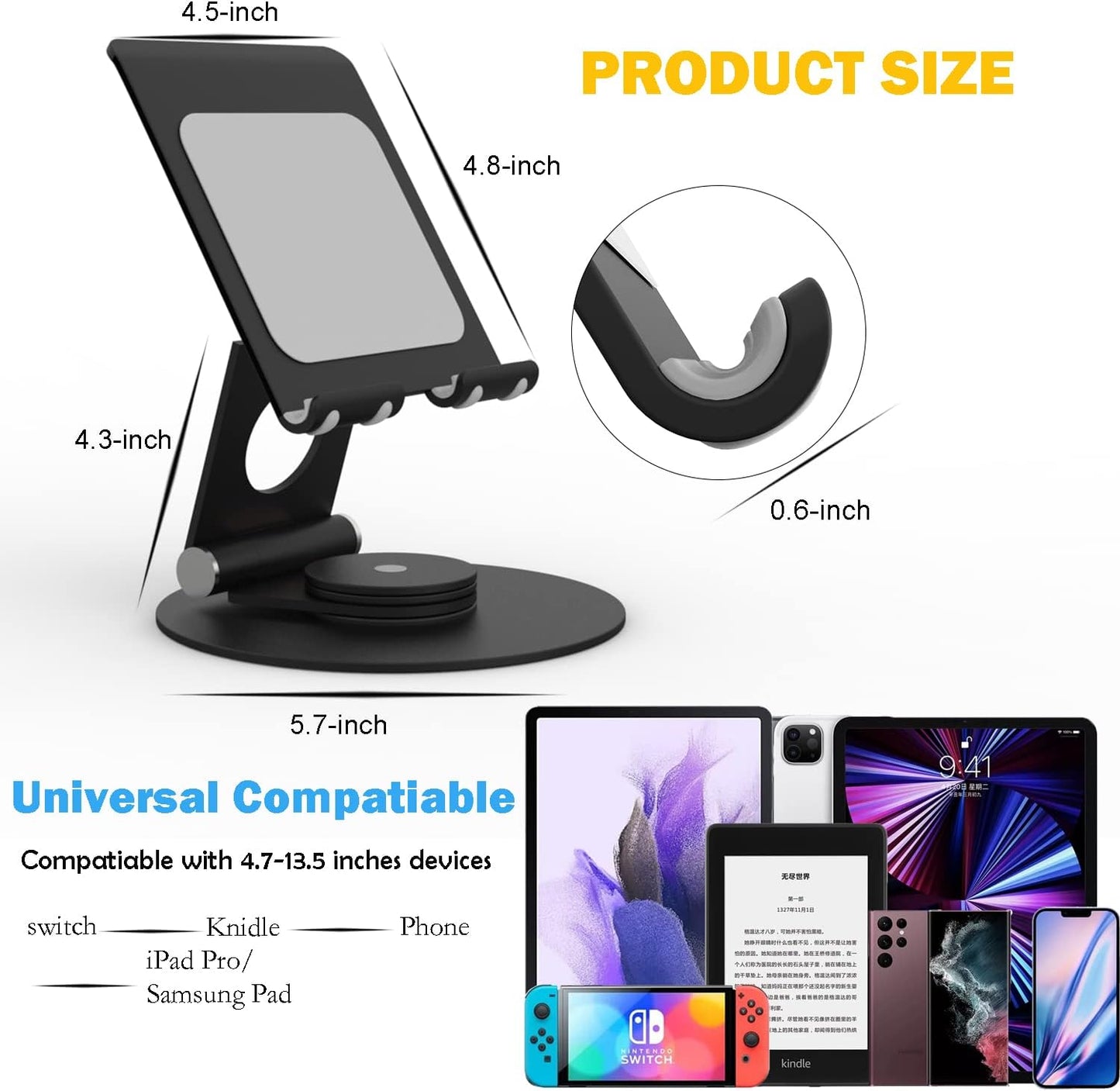 KABCON Swivel Tablet Stand, Aluminum Portable 360°Rotating Holder for Desk,Business,Kitchen,Desktop,Table Stand for iPad Pro 9.7,10.5,12.9/Air Mini,Tab,Fire,Nexus,E-Reader-Black