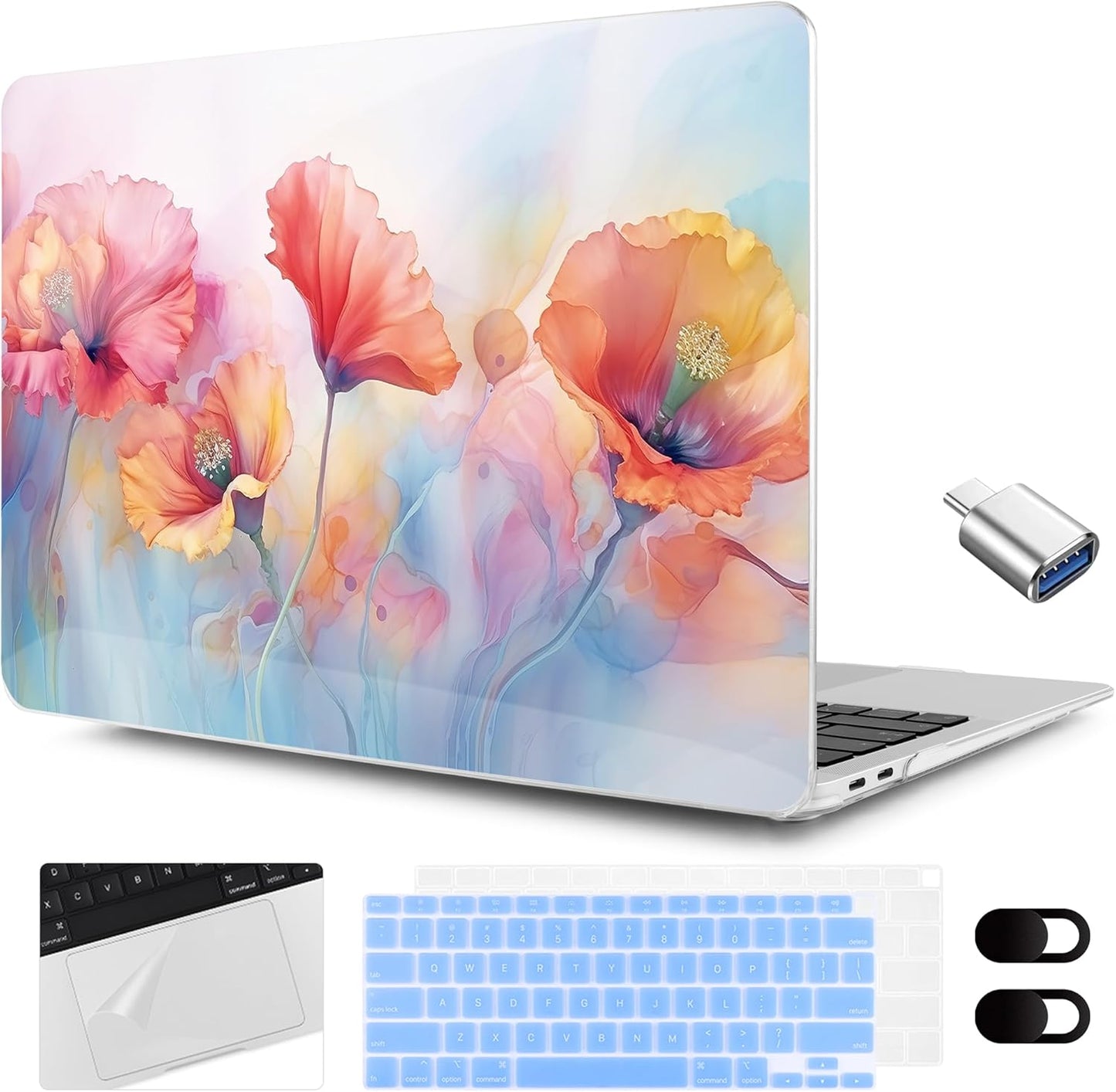 MEEgoodo for MacBook Air 13.3 inch Case 2021 2020 2019 2018 A2337 M1 A2179 A1932, Hard Shell with Keyboard Webcam Cover & Trackpad Film & Type C Adapter for MacBook Air M1, Field Rainbow Poppies