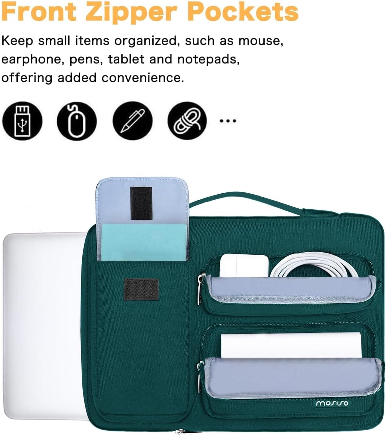 MOSISO 360 Protective Laptop Case 13.3 inch, 13-13.3 inch Laptop Sleeve Compatible with MacBook Air/Pro 13 / Pro 14, HP Dell ASUS Lenovo, Side Open Bag with 2 Raised&1 Flapover Pockets, Teal Green