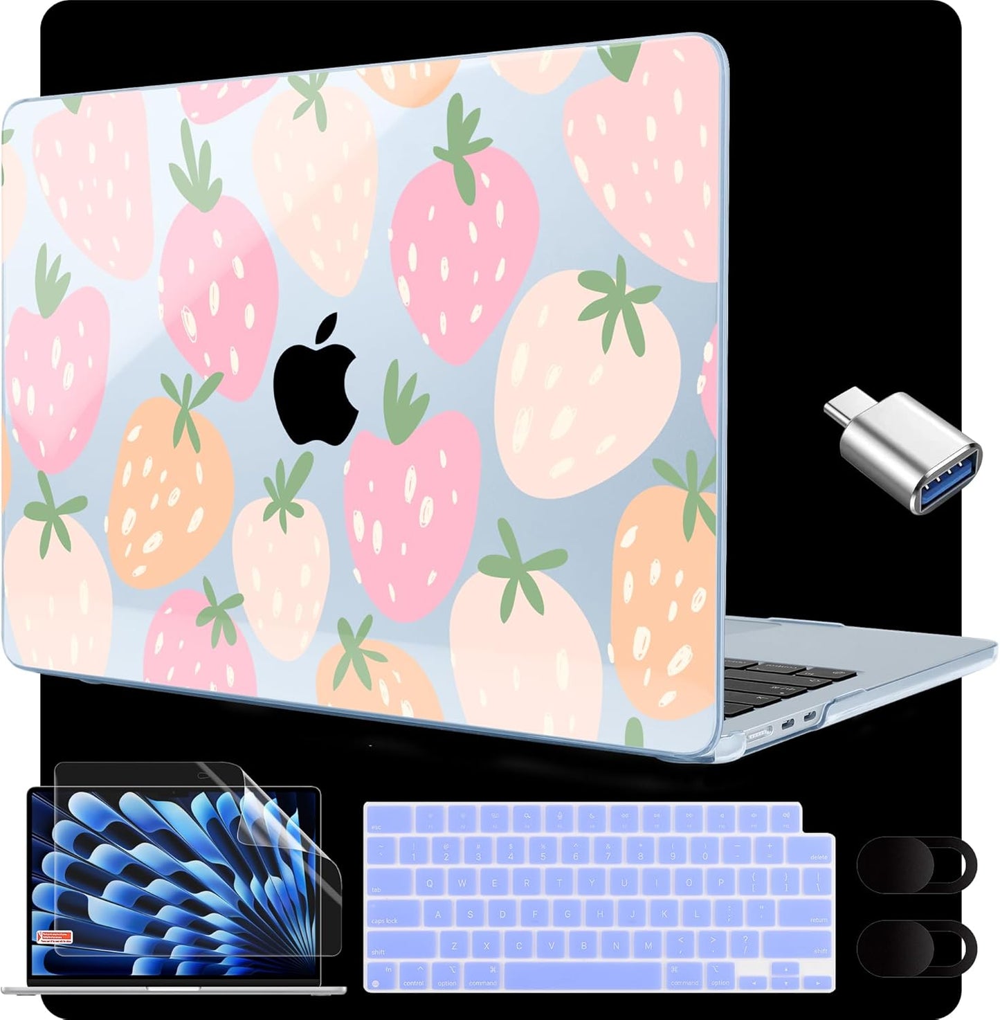 MEEgoodo for M4/M3/M2 MacBook Air 15.3 inch Case 2025 2024 2023, Case Fit Model (A3241/A3114/A2941) for MacBook Air 15 inch, Laptop Hard Shell with Keyboard Cover, Cute Drawn Strawberries