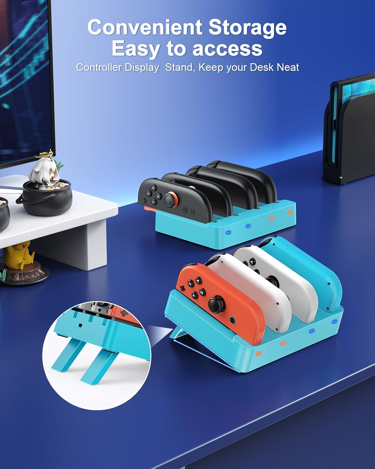 Charger for Nintendo Switch 2 and Switch 1 Controller, Horizontal Charging Dock Station for Joy con and for Joycon 2 Accessories with Foldable Storage Stand (Blue)
