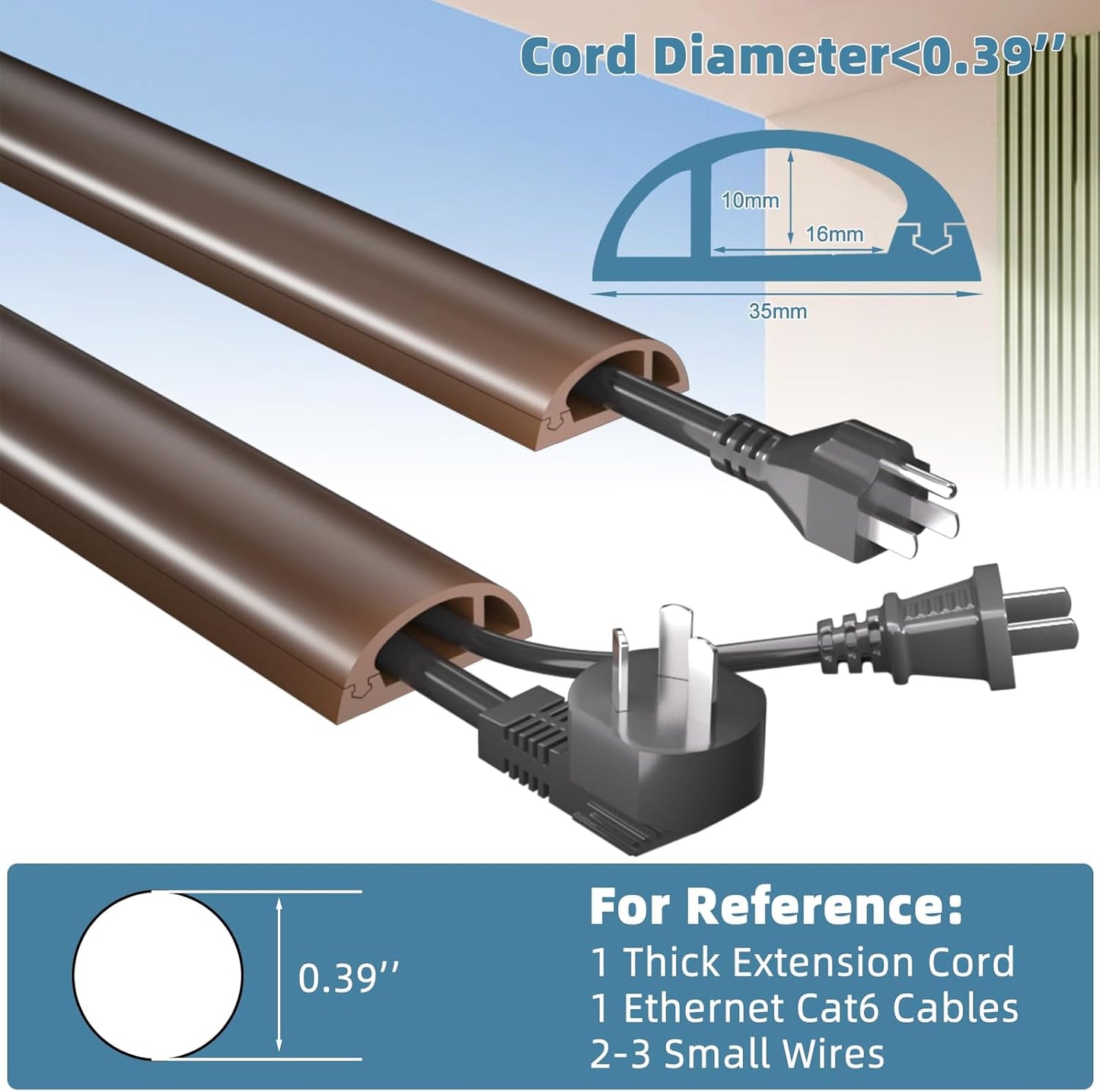 10ft Side Buckle Floor Cord Cover for Wires, Selfadhesive Extension Cord Hider Easy Floor Cable Management Prevent Cable Trips,Silicone Floor Wire Covers for Cords, Cable Protector Cord Cavity（Brown）