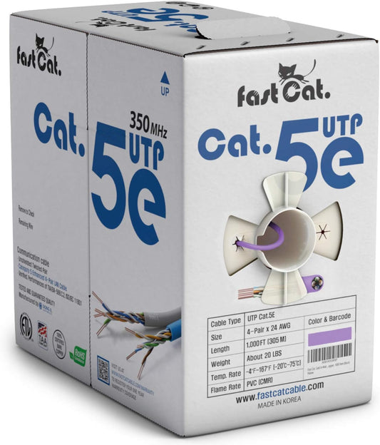 fast Cat. Cat5e Ethernet Cable 1000ft - 24 AWG, CMR, Insulated Bare Copper Wire Cat 5 ethernet Cable with FastReel - 350MHZ / Gigabit Speed UTP Cable Cat5e - CMR (Purple)
