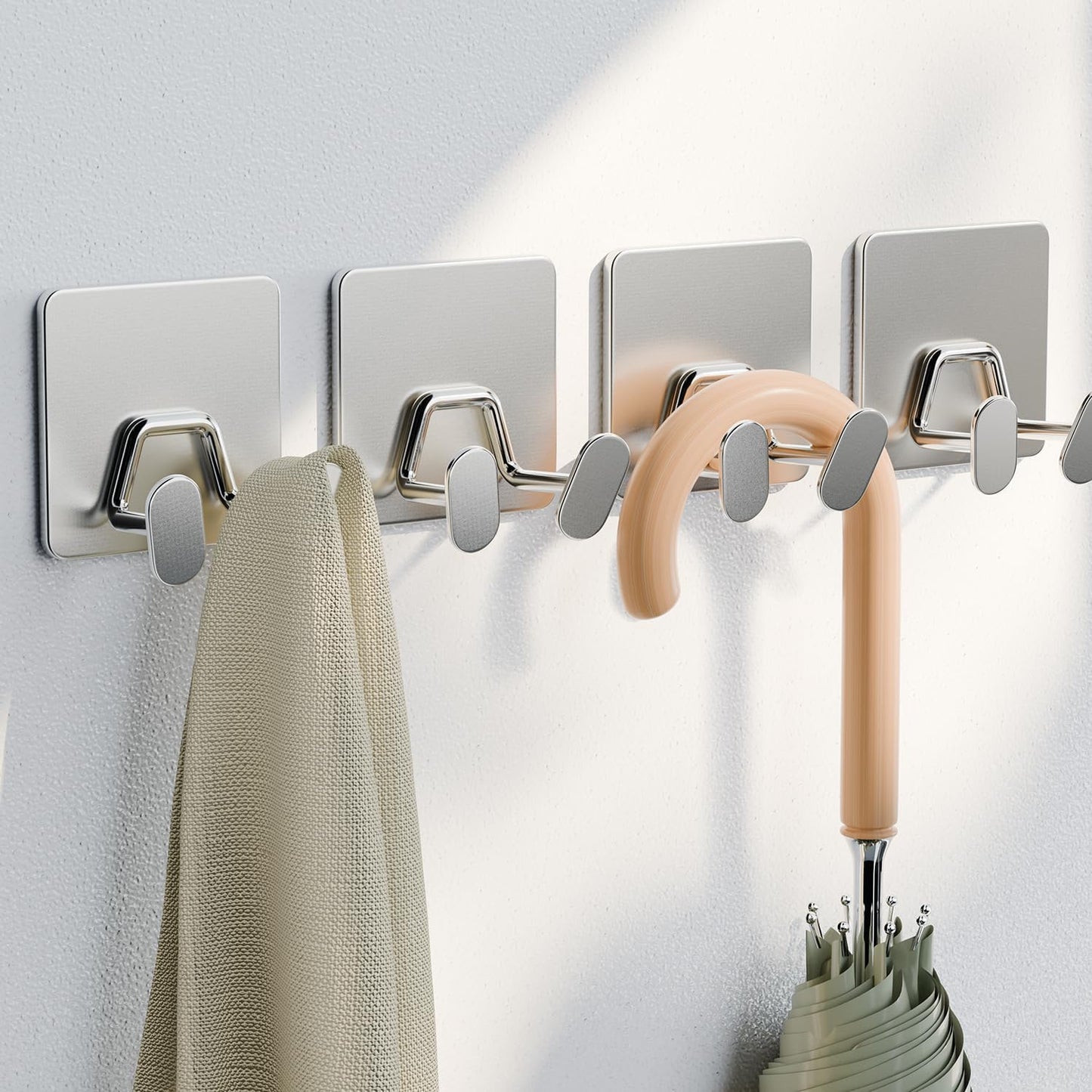 Adhesive Shower Hooks for Inside - Extra Sticky Stainless, Razor Holder Shower Accessories, Wall Mounted Self-Adhesive Double Hooks for Razor, Loofah, Towel, Shaver, Coat, Key, Silver, 4-Pack