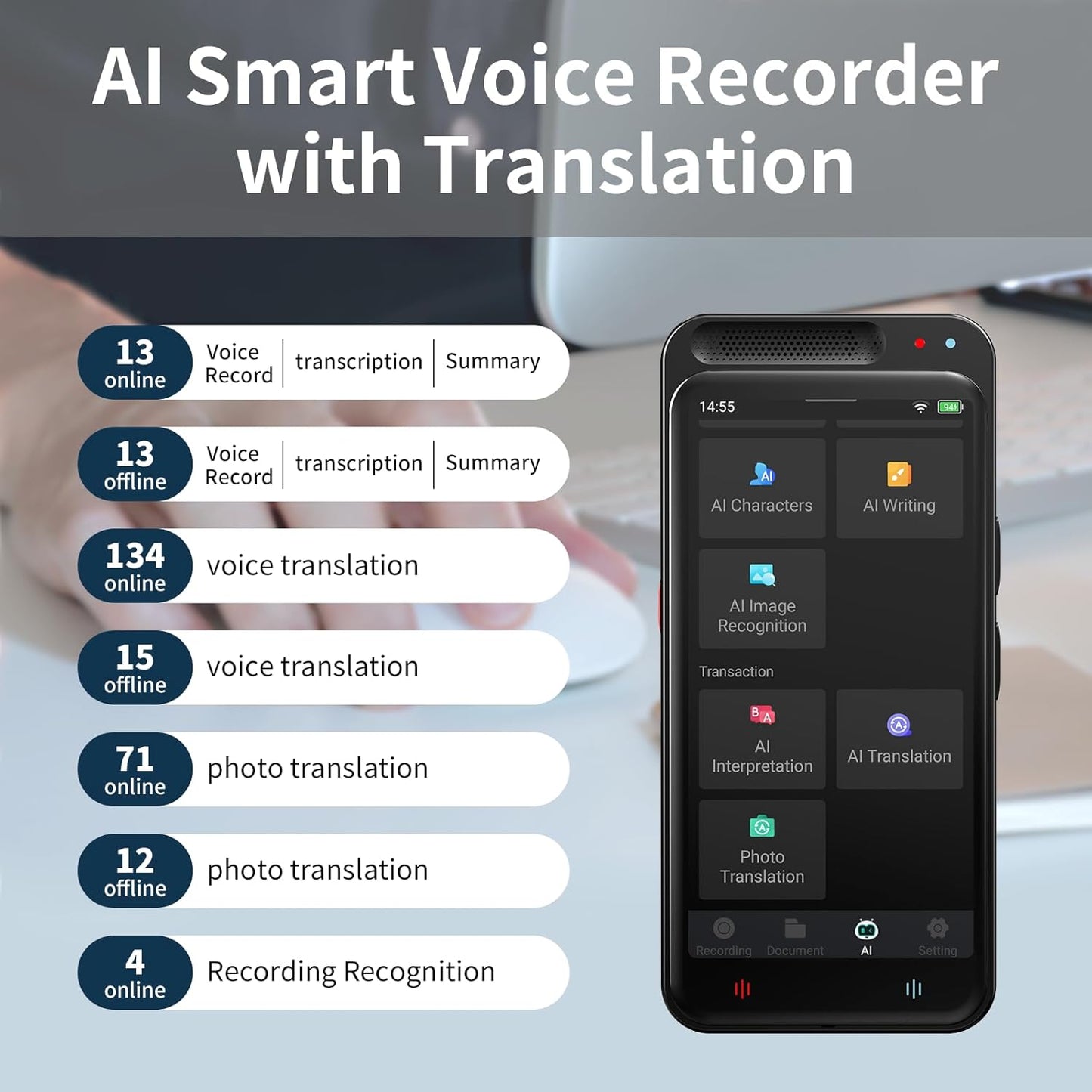 AI Voice Recorder with Playback, Digital Voice Recorder with AI Transcription, Summary, Translation, Full Touch Screen Recorder with 80GB, Audio Recorder Device for Meetings, Lectures, Interviews