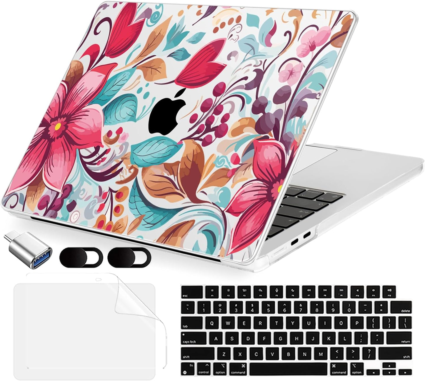 Compatible with MacBook Air 15 inch Case, M4 A3241/M3 A3114/M2 A2941 (Released 2025 to 2023), Hard Shell, Keyboard Cover, Screen Protector, Webcam Cover & Type-C Adapter, Geometric Flowers