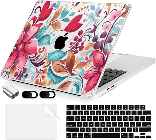 Compatible with MacBook Air 15 inch Case, M4 A3241/M3 A3114/M2 A2941 (Released 2025 to 2023), Hard Shell, Keyboard Cover, Screen Protector, Webcam Cover & Type-C Adapter, Geometric Flowers