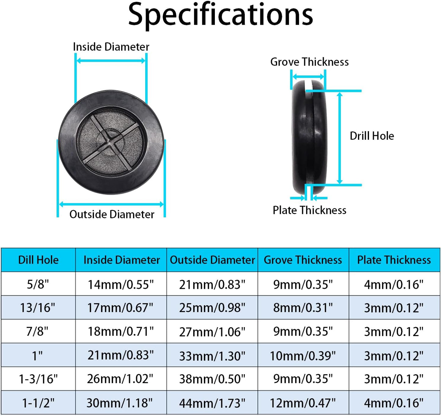 53PCS Rubber Grommets for Wiring, Rubber Grommet Kit in 6 Assorted Drill Hole Sizes 5/8" 13/16" 7/8" 1" 1-3/16" 1-1/2", Two-Sided Rubber Hole Plug for Protecting Wires