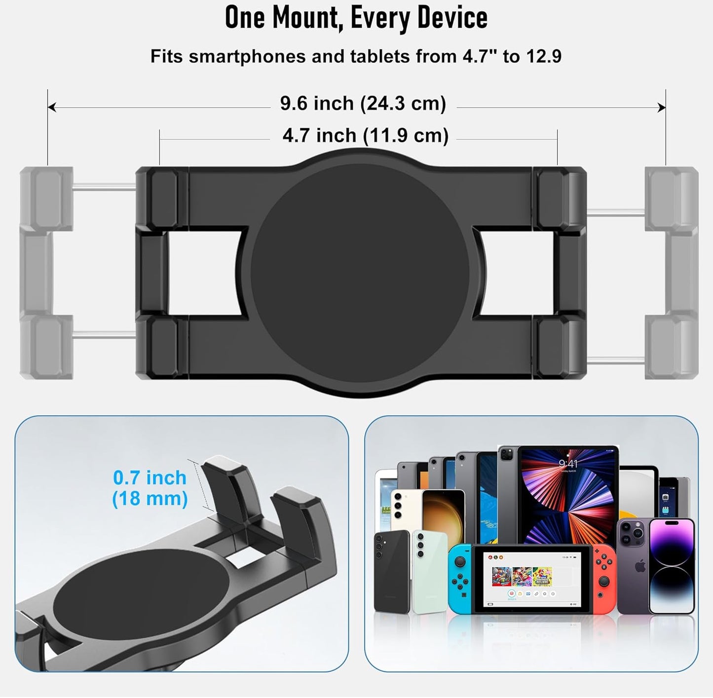 Industrial Tablet Mount for Truck&Vehicle, Heavy Duty Drill Base iPad Mount Holder for Car, Adjustable Aluminum Arm, Compatible w/ 4.7"-12.9" Devices, Perfect for Dashboard, Boats, Walls–Black