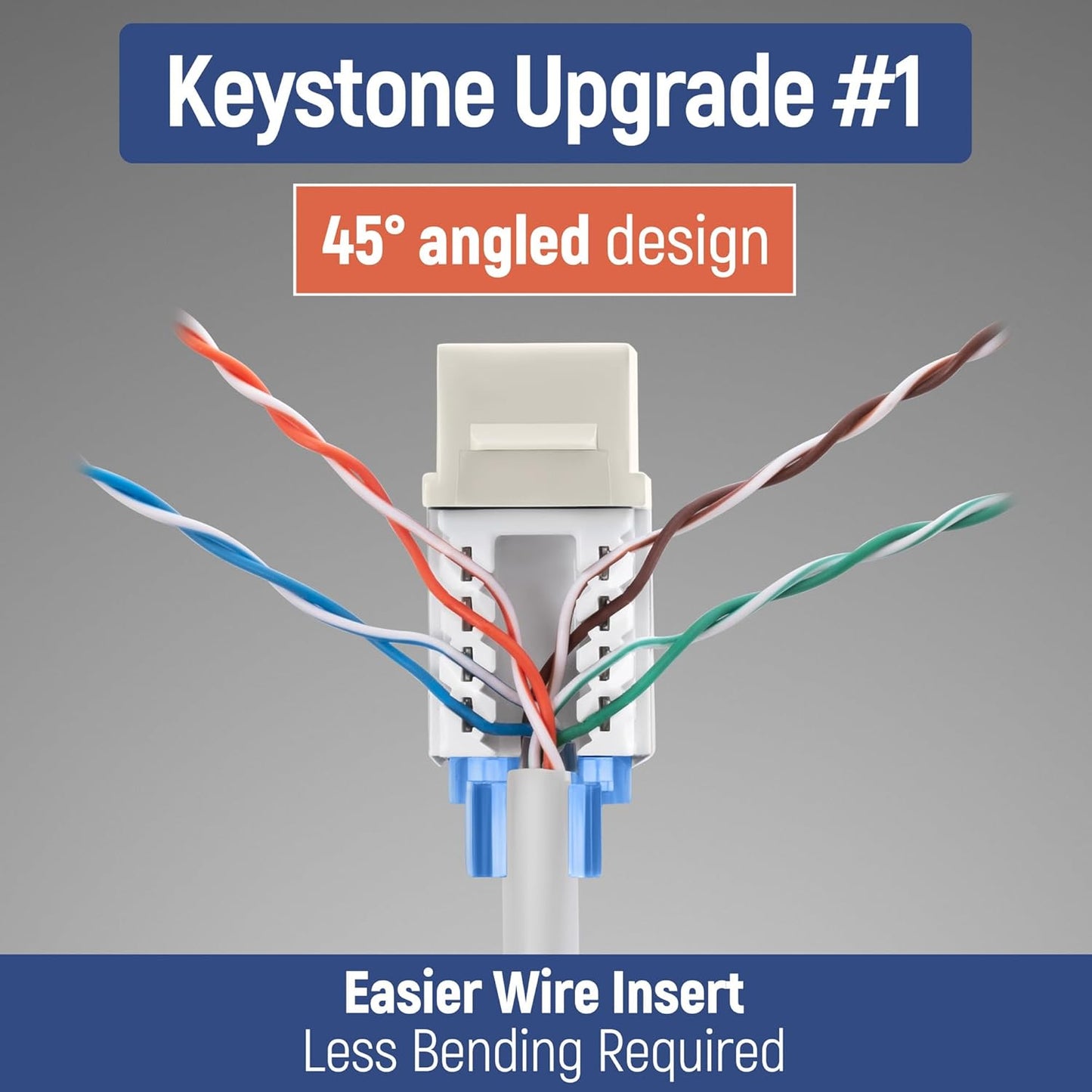 Everest 45° Angled RJ45 Cat5e Keystone Jacks 10-Pack in Light Almond - Slim Profile Female RJ45 Connectors - Cat 5e Keystone Jack - Compatible with 45° Angled Speed Termination Tool - 45Term