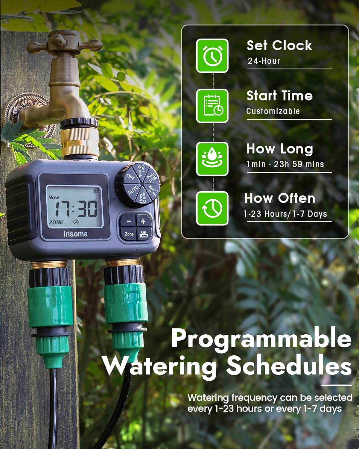Insoma 2 Outlets Sprinkler Timer with Brass Inlet & Outlet, Water Timer for Garden Hose with Auto/Manual Modes + Rain Delay, Hose Timers for Garden, Yard Lawn, IPX5 Waterproof & Save Water