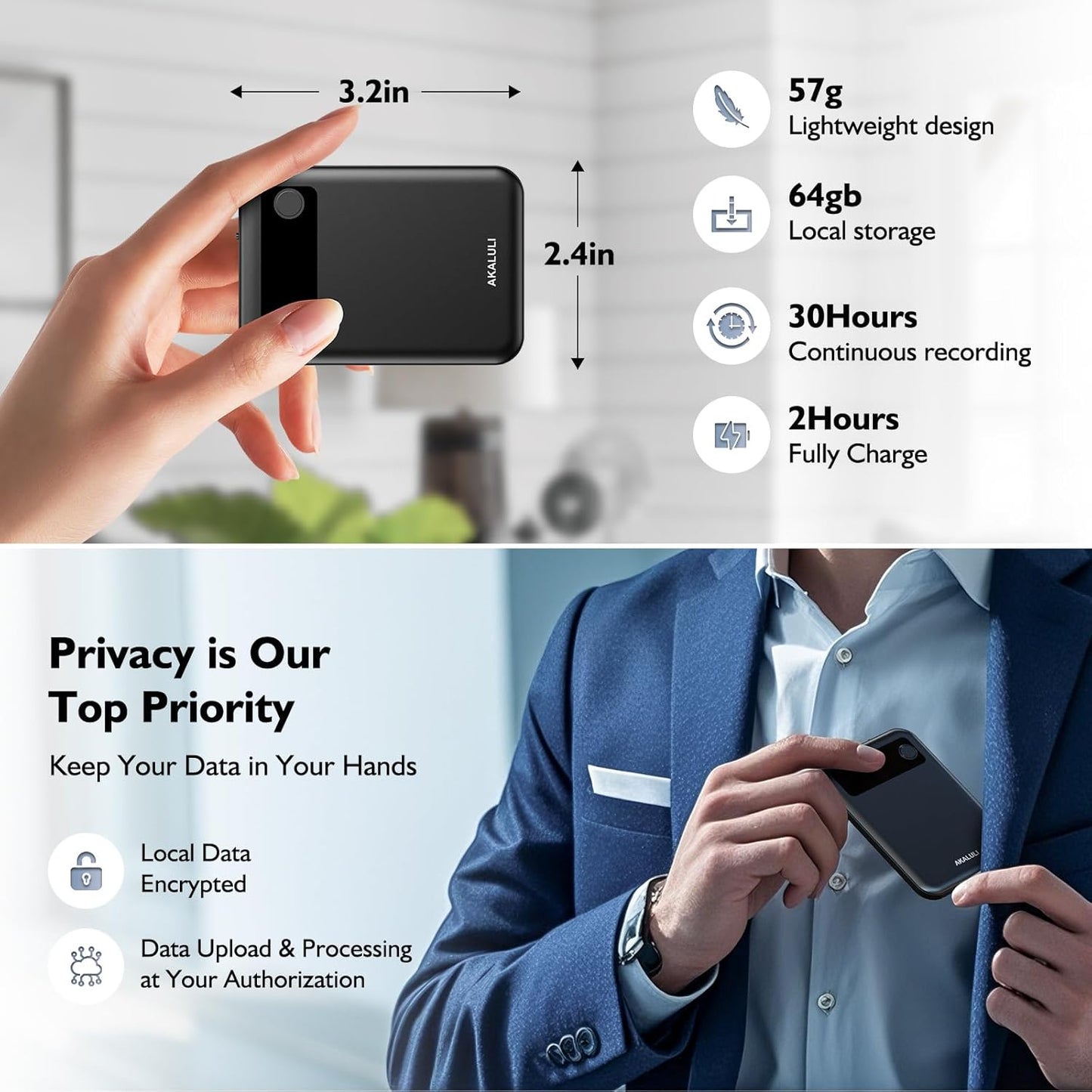 AI Voice Recorder with Transcribe Summarize: Note Voice Recorder with APP Control, 30H Continuous Recording, 64GB Memory Support 100+ Languages, AI Recorder for Calls, Lectures, Meetings