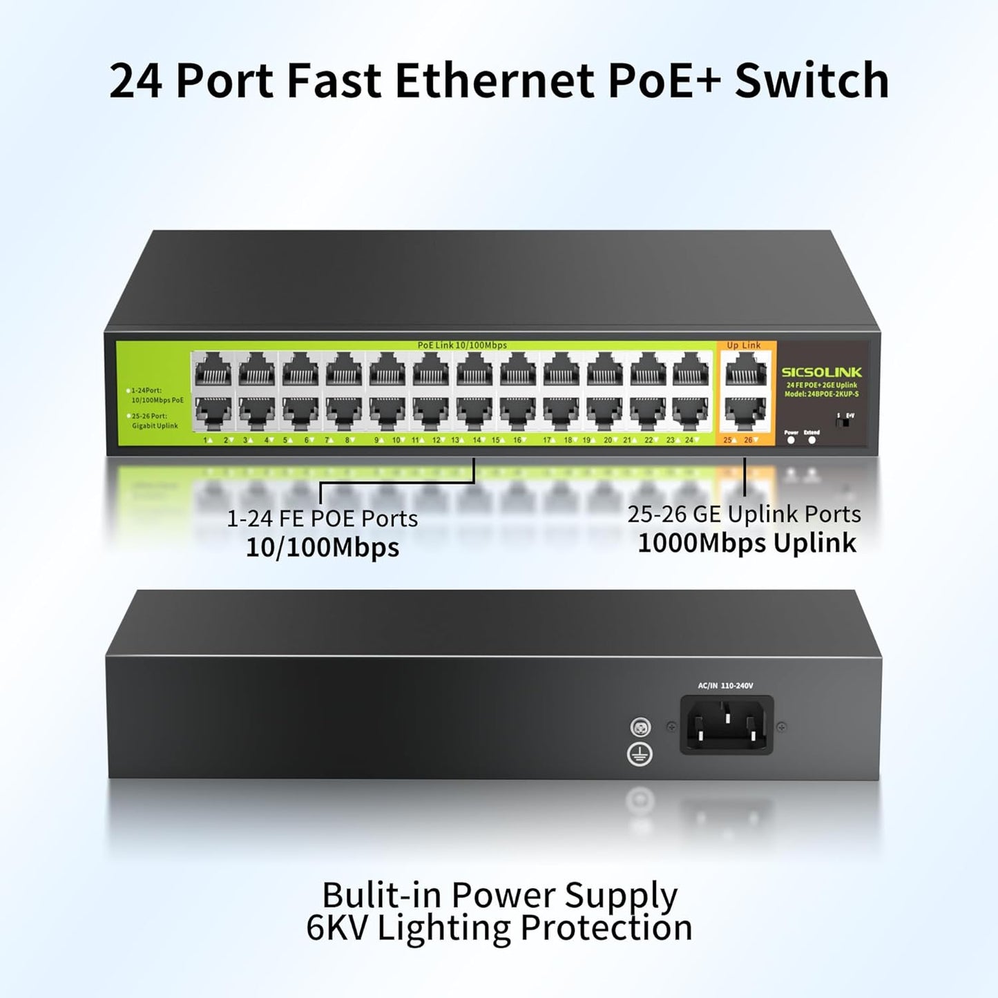 POE Switch with 24 Port POE + 2 Gigabit Uplink,802.3af/at PoE+ 100Mbps, 400W Built-in Power,Unmanaged, Extend to 250M for Security Camera System, AP, IP Phone.