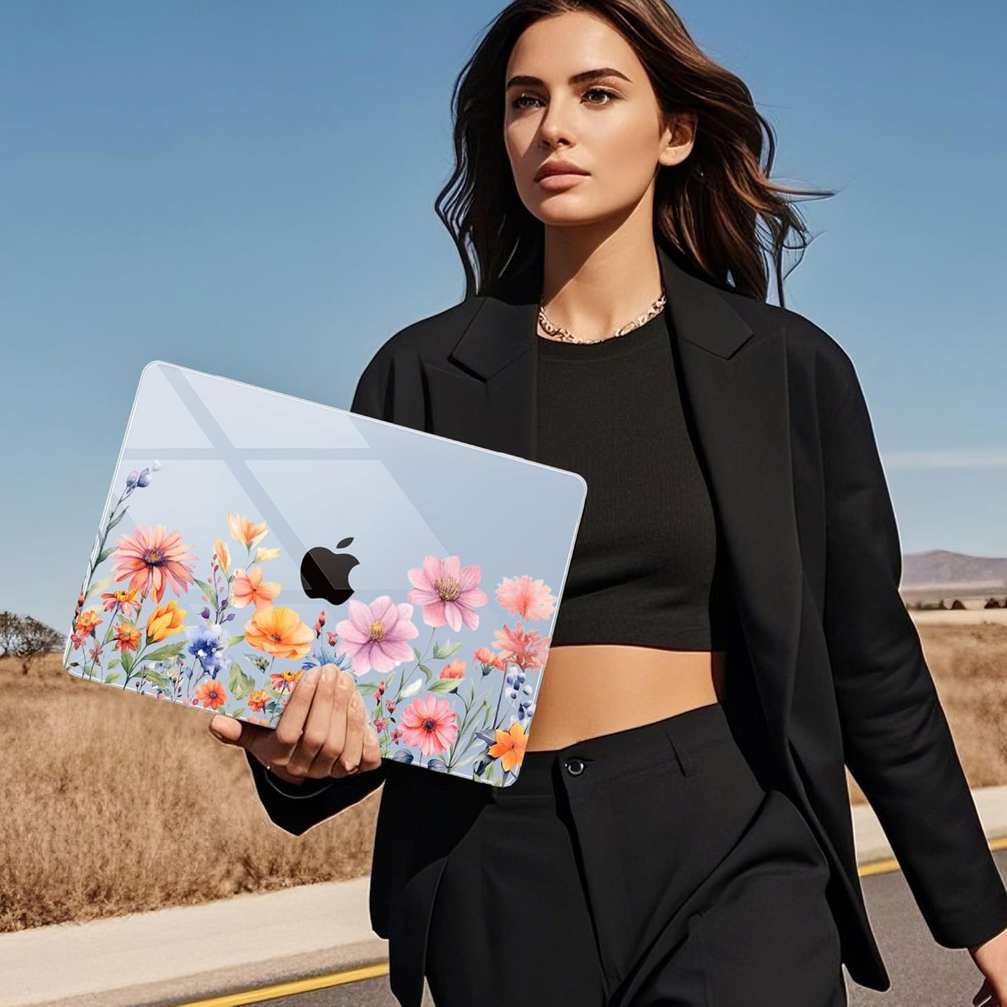 Mektron for 2025 MacBook Air 15 inch M4 Case A3241/ 2024 M3 A3114/ 2023 A2941 M2 Hard Printed Case with 15.3 Liquid Retina Display Touch ID, Plastic Hard Case & Keyboard Skin- Floral P165-Blue