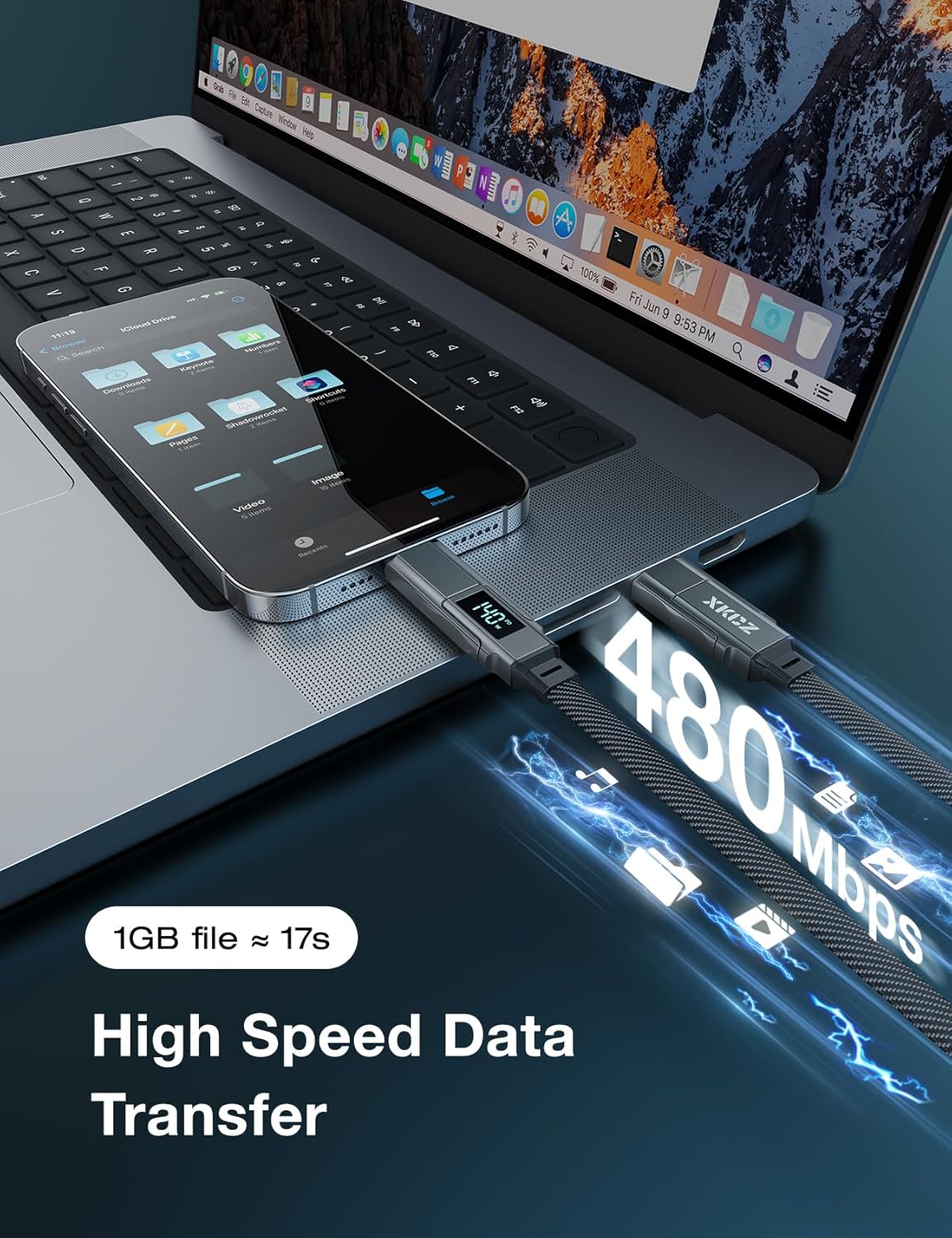 4 in 1 USB C Cable with Wattage Display, 140W Flat Nylon Braided Multi Charge Cable with Data Sync, USB C Charging Cord Combo Type C/USB A/L Port for iPhone/iPad/Samsung/Laptop, 5FT