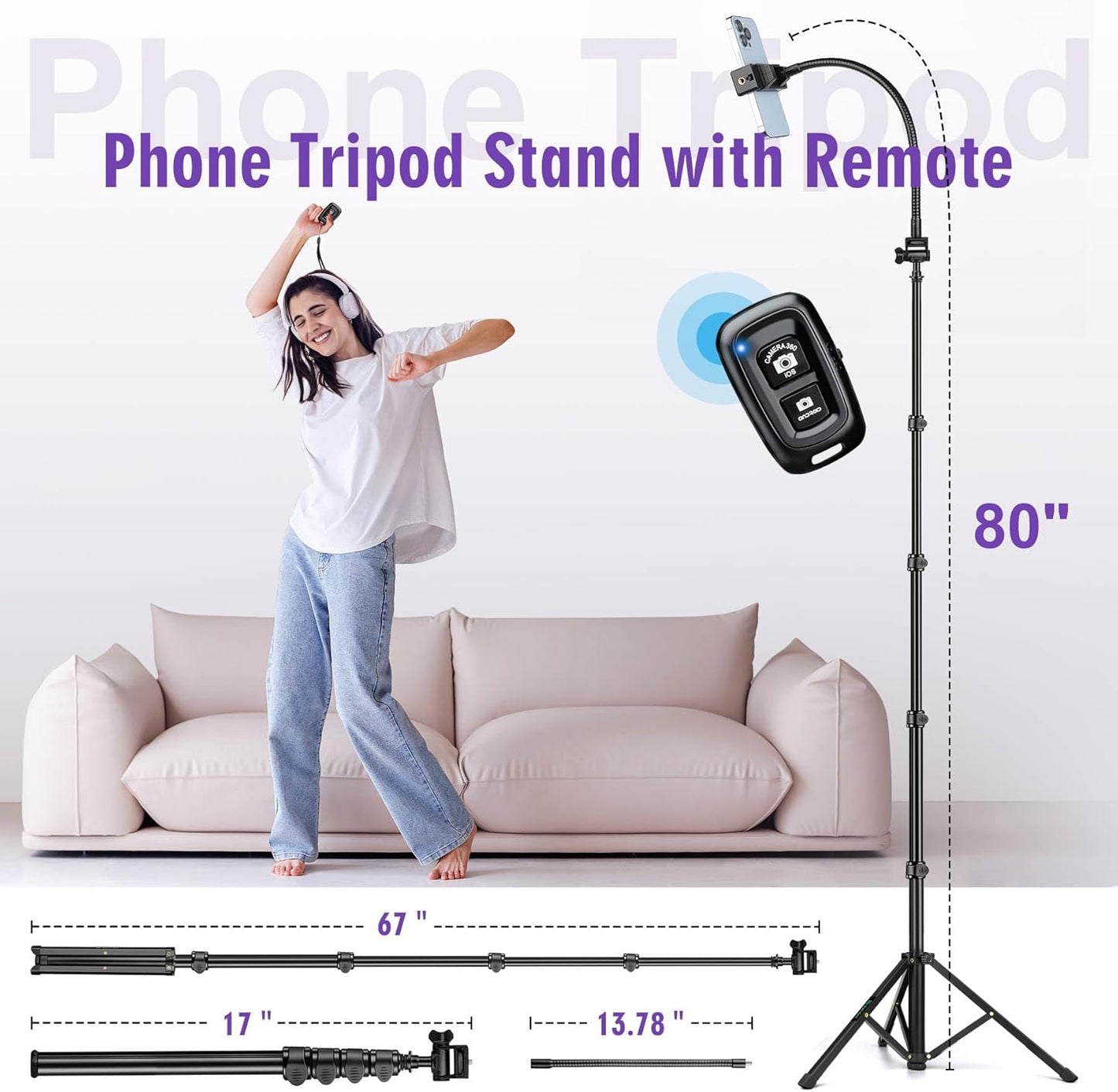 80" Phone Tripod, Selfie Stick Cellphone Tripod, Aluminum Tripods Stand for Video Photo Vlog, Travel Tripods with Gooseneck Remote Phone Holder, Compatible with iPhone Android Smartphone