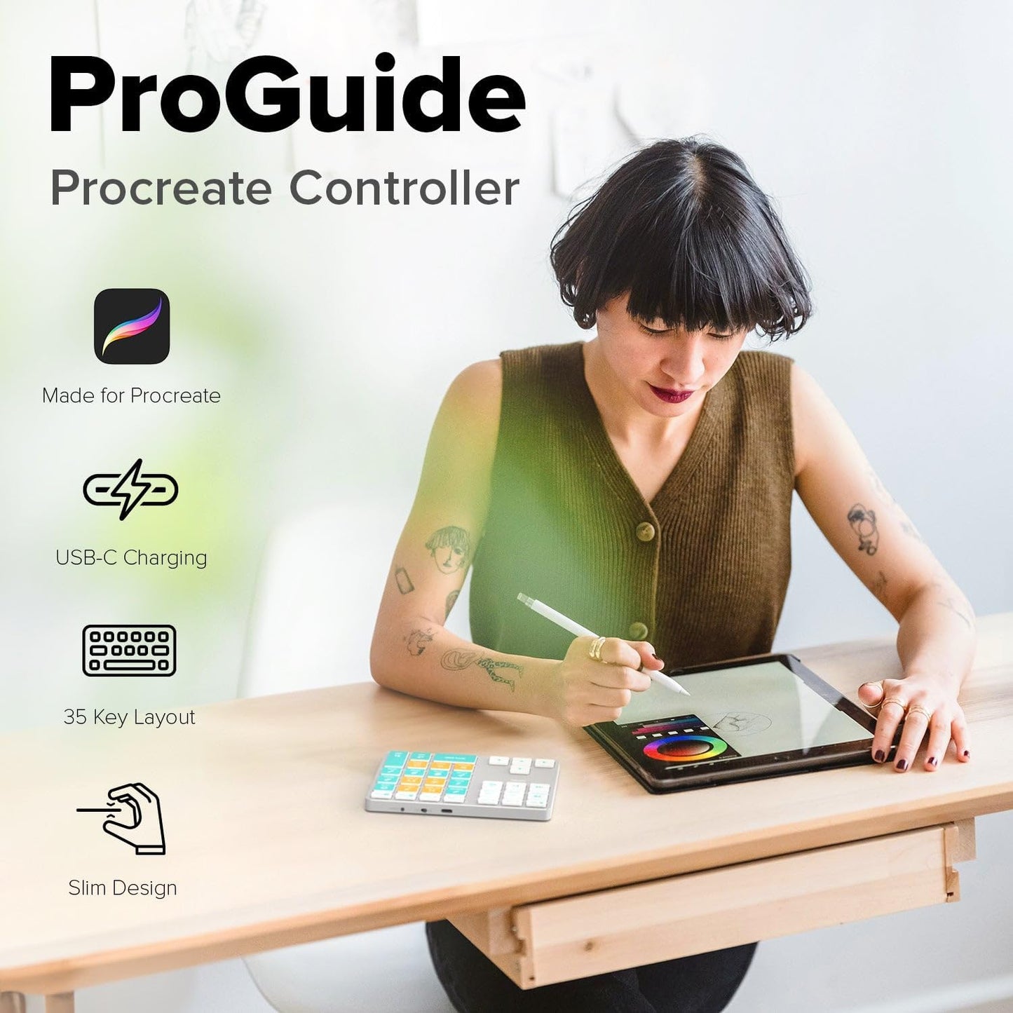 JCPAL ProGuide Wireless Keyboard for Procreate - Bluetooth Rechargeable Macro Pad Mini Keyboard for iPad Procreate with 35 Color-Coded Buttons