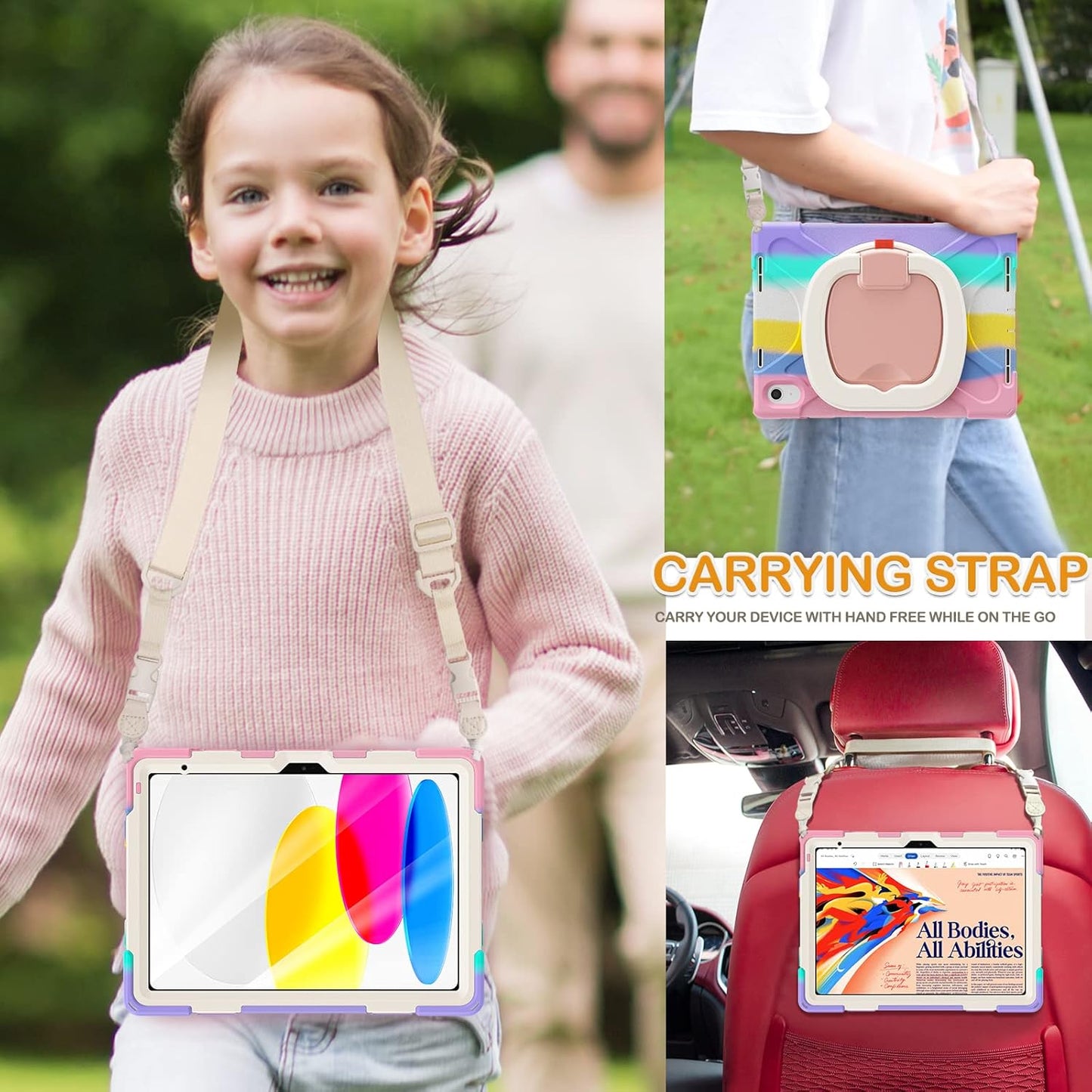 BRAECN Kids Case for iPad (A16) 11th/10th Generation 11”/10.9'' 2025/2022, Heavy Duty Rugged Silicone Cover with Screen Protector, Kickstand, Shoulder Strap, Pencil Holder & Ring Stand, Colorful Pink