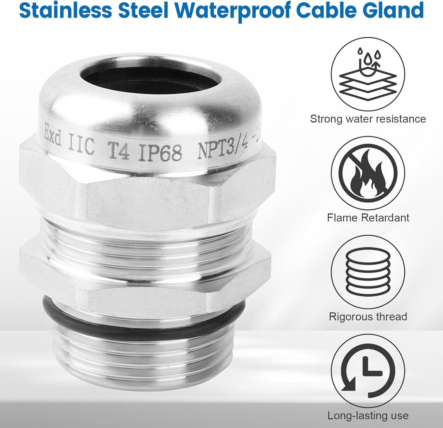 2 Pcs 3/4" NPT Stainless Steel Waterproof Cable Gland, IP68 Waterproof Adjustable Cable Glands, Strain Relief Cord Grip Connectors with Gaskets and Locknut for 13-18mm Cable Diameter