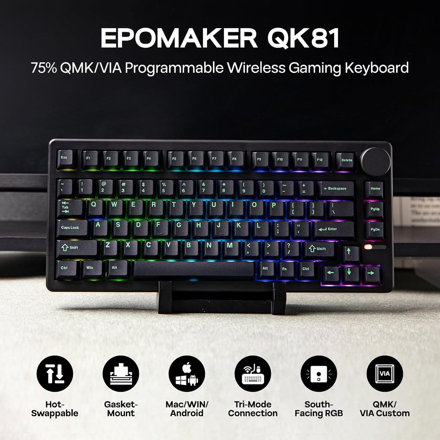 EPOMAKER QK81 75% Wireless Mechanical Gaming Keyboard, QMK/VIA Programmable and Hot-Swappable, 81 Keys with Metal Knob, 2.4Ghz/BT/USB, Creamy Gasket-Mount, RGB Backlight (Black, Wisteria Switch)