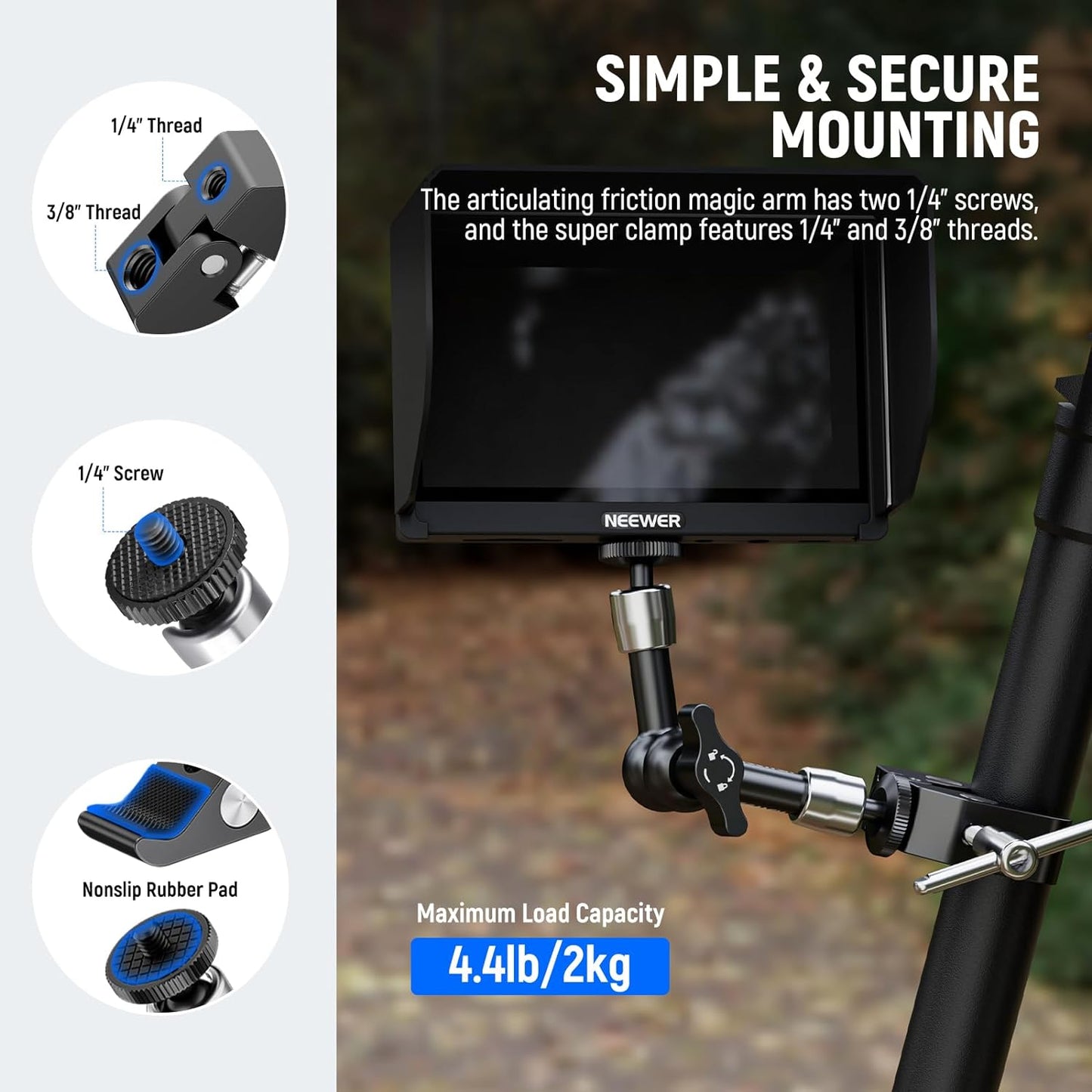 NEEWER 6"/15cm Adjustable Magic Arm with Super Clamp, 1/4" & 3/8" Threads, 1/4" Screws for Flash/LED Light/Microphone/Monitor, Compatible with SmallRig Camera Cage, Max Load: 4.4lb/2kg, ST15C