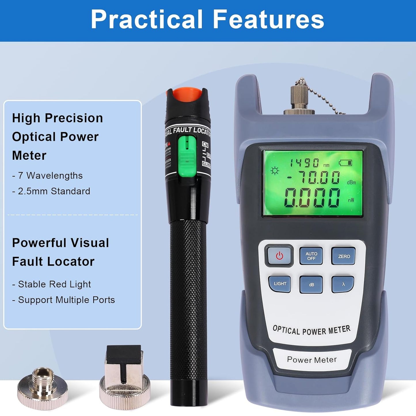 Fiber Optic Tools Cable Tester FC SC Power Meter & 2.5mm 30mV Visual Fault Locator with Sc, Fc Connector and Shoulder Toolkit