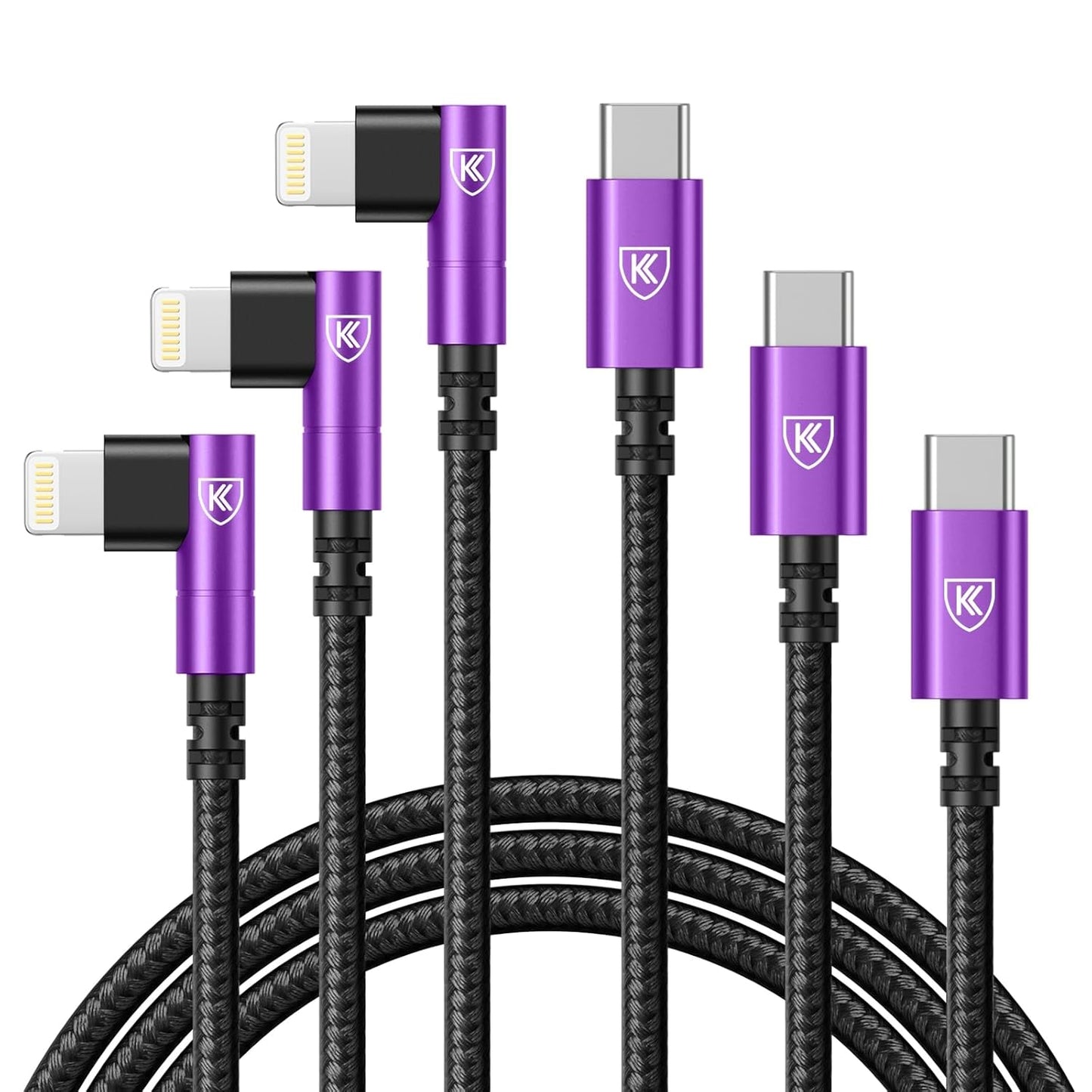 90 Degree USB C to Lightning 10FT, iPhone Charger Cables [Apple MFi Certified] 3Pack Fast Charging Cord, Nylon Braided USB C Lightning Cable Compatible with iPhone 14/13/12/11/Pro Max/Plus/8/7-Purple