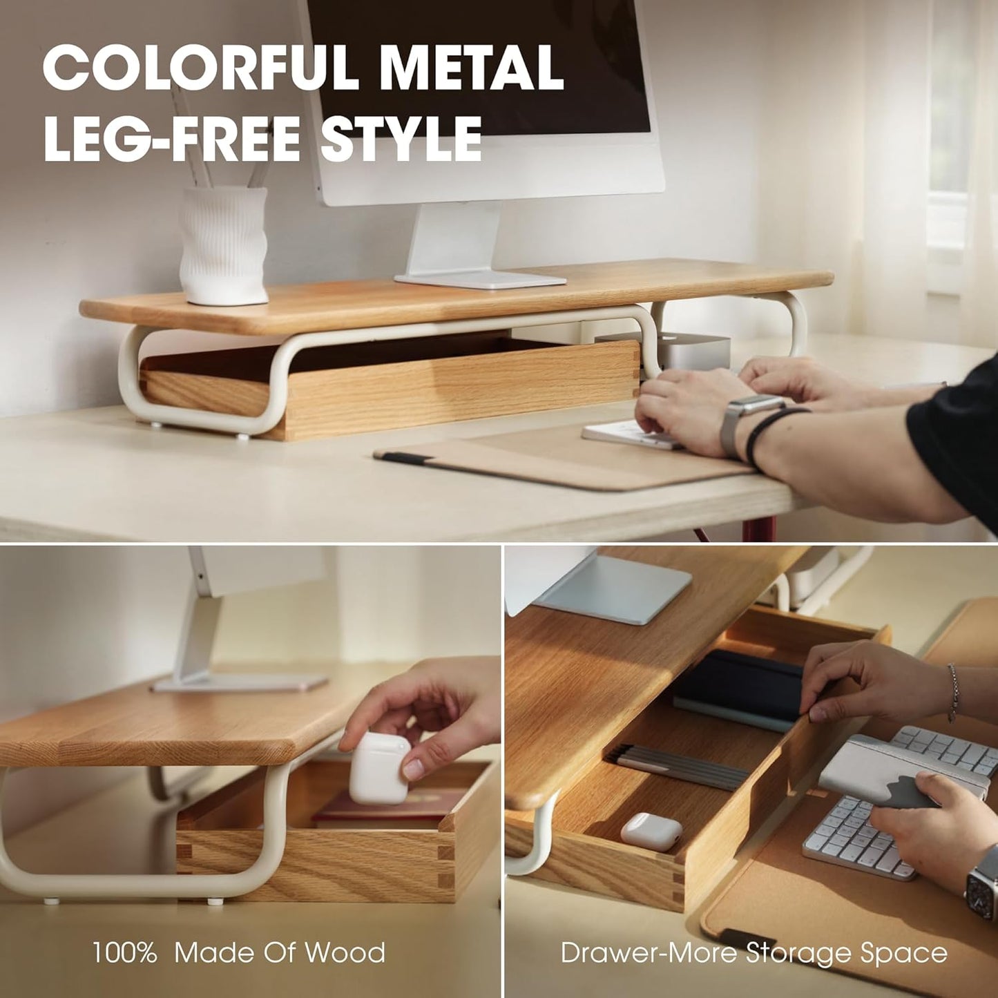 Fenge Dual Monitor Riser, 37 Inch Monitor Stand for Desk, Solid Wood Desk Shelf with Large Drawer Organizer, No Assembly Computer Stand for PC, Laptop, Printer, TV