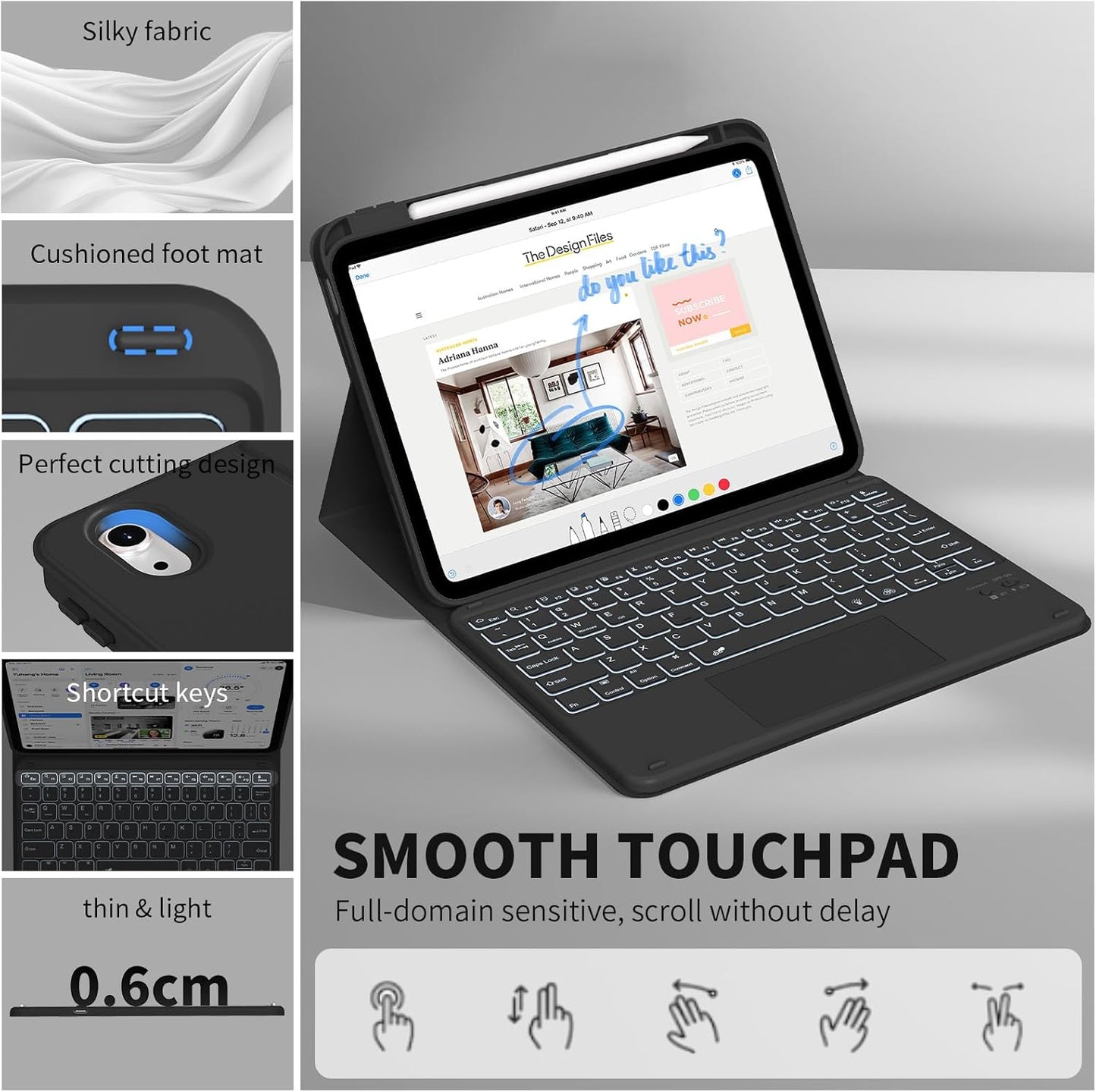 JKSML for iPad(A16) 11th/10th Generation Case with Keyboard (11/10.9 inch) 2025/2022, 7 Color Backlight Detachable Bluetooth Cover with Trackpad, Flip Stand Case Thin with Pencil Holder, Black