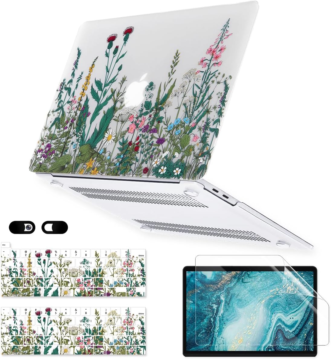 Case for MacBook Pro 13 inch M2 M1 A2338 A2289 A2251 A2159 A1989 A1706 2023-2016 Release with Touch ID, 6 in 1 Matte Clear Shell&Keyboard Cover&Screen Protector&Webcam Cover, Garden Flower