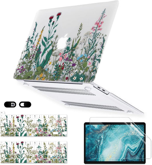 Case for MacBook Pro 13 inch M2 M1 A2338 A2289 A2251 A2159 A1989 A1706 2023-2016 Release with Touch ID, 6 in 1 Matte Clear Shell&Keyboard Cover&Screen Protector&Webcam Cover, Garden Flower