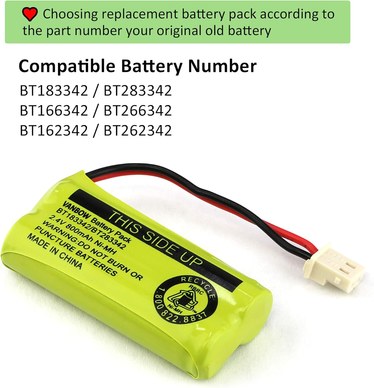 BT183342/BT283342 2.4V 800mAh Ni-MH Battery Compatible with AT&T VTech Cordless Phone Batteries BT166342/BT266342 BT162342/BT262342 CS6709 CS6609 CS6509 CS6409 EL52100 EL50003 (Pack 8)
