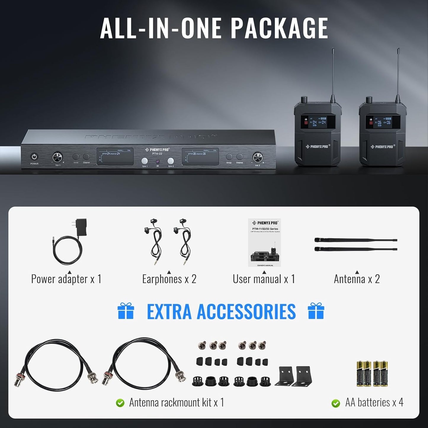 Phenyx Pro UHF Mono Dual Wireless in-Ear Monitor System, Metal Wireless IEM System, Sturdy Bodypack Receiver, 2x50 Frequencies, Separate Outputs,164ft Operation, Suitable for Band and Studio (PTM-22)