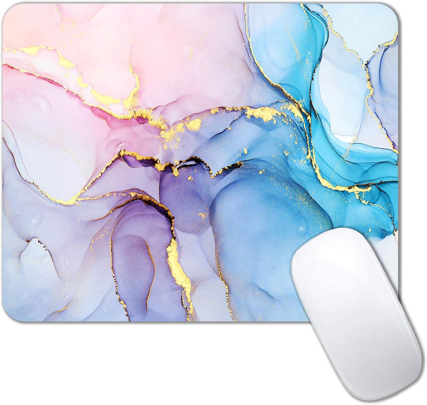 IMAYONDIA Blue Pink Ink Marble Mouse Mat, Custom Design Non-Slip Rubber Base Waterproof Office Mouse Pad, Golden Marbling for Women, 9.5 x 7.9 Inch