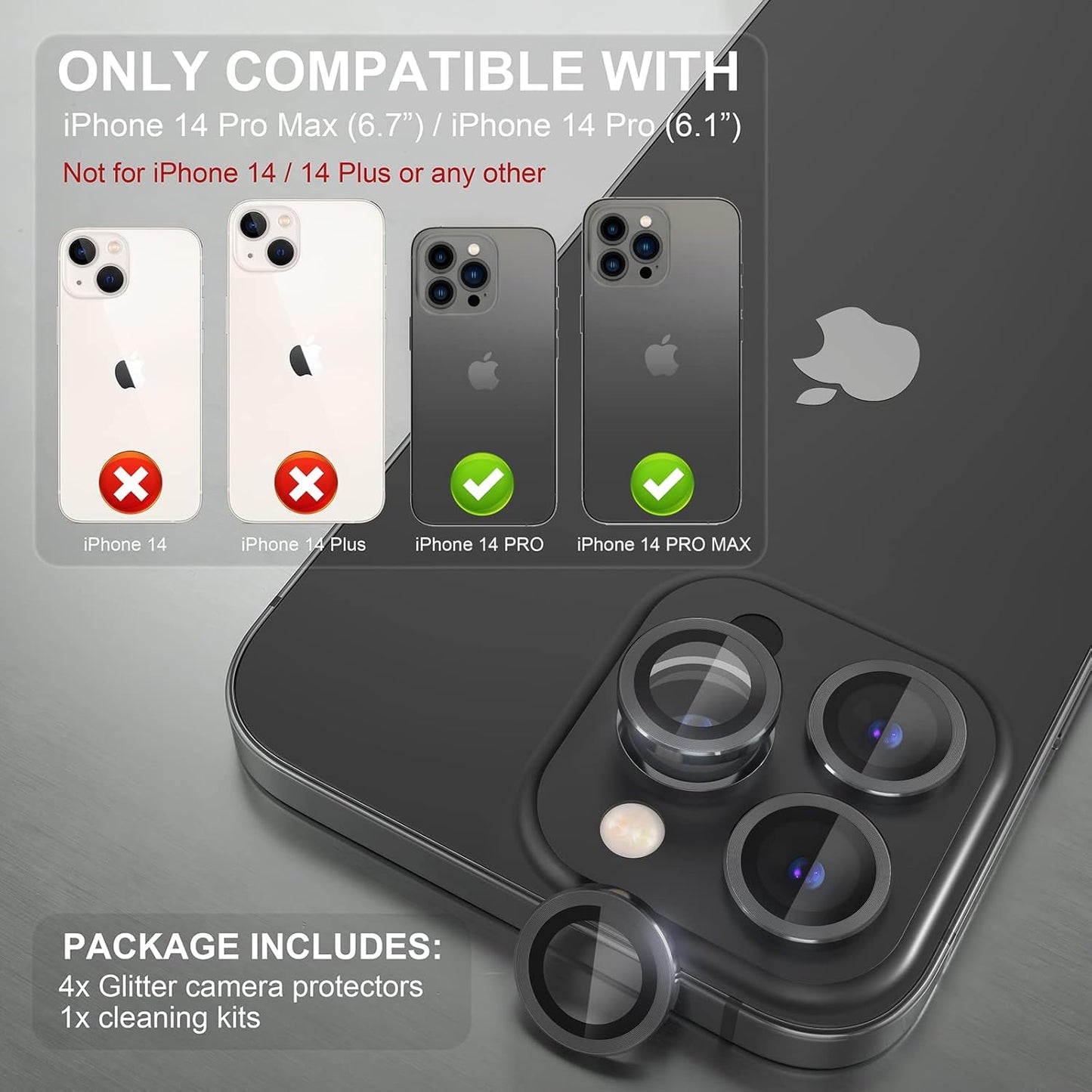 Choiche [3+1 for iPhone 14 Pro/iPhone 14 Pro Max Camera Lens Protector, 9H Tempered Glass Camera Cover Screen Protector Metal Ring Decoration Accessories (Black)