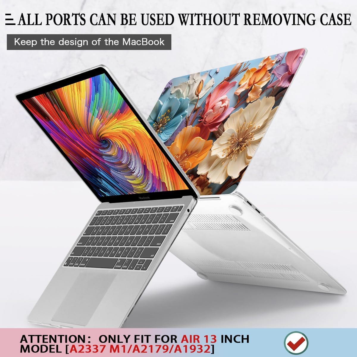 CISSOOK Compatible with MacBook Air 13 inch Case 2021 2020-2018 Release M1 A2337 A2179 A1932, Flower Hard Shell Case with Keyboard Cover for MacBook Air 13 Inch with Touch ID, Silk Flowers