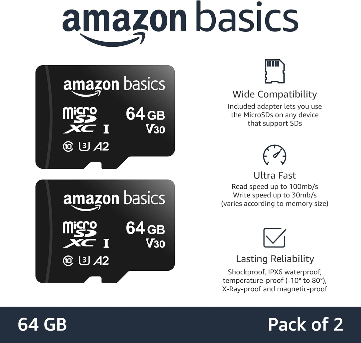 Amazon Basics MicroSDXC UHS-I Class 10 Memory Card with Full Size Adapter, A2, U3, V30, 4K, Read Speed up to 100 MB/s, 64 GB (2pack), for GoPro Cameras Storage, Black
