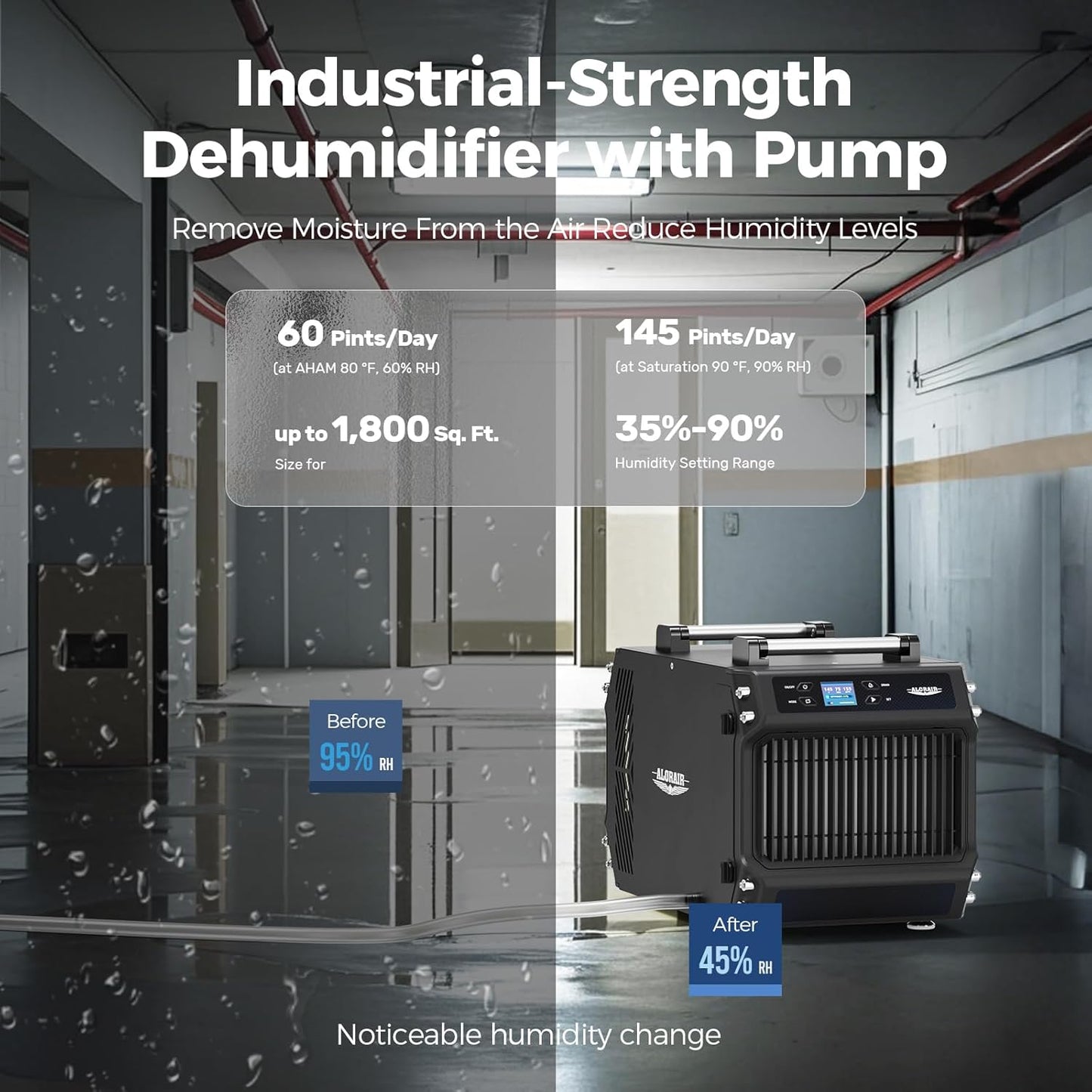 ALORAIR 145 Pint Crawl Spaces Dehumidifier with Pump and Drain Hose, Auto Defrost for Crawlspaces, Commercial, Basements, and Large Rooms up to 1800 Sq.Ft