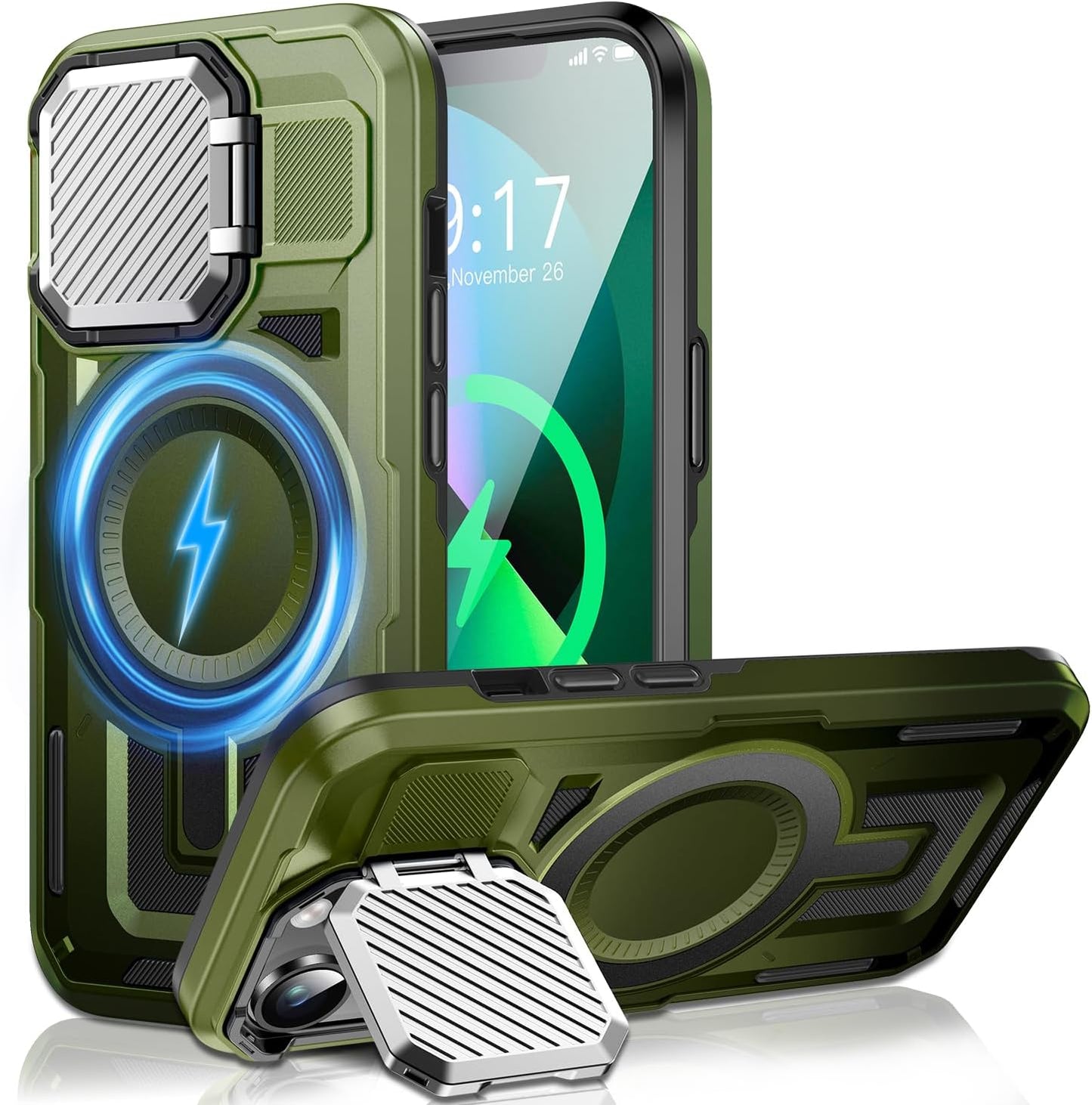 Camera Stand Case for iPhone 13/14, [Compatible with Mag Safe] [Lens Cover] 2024 Version Military Grade Protective Soft Case for iPhone 13/14 6.1 inch Men Women, Green